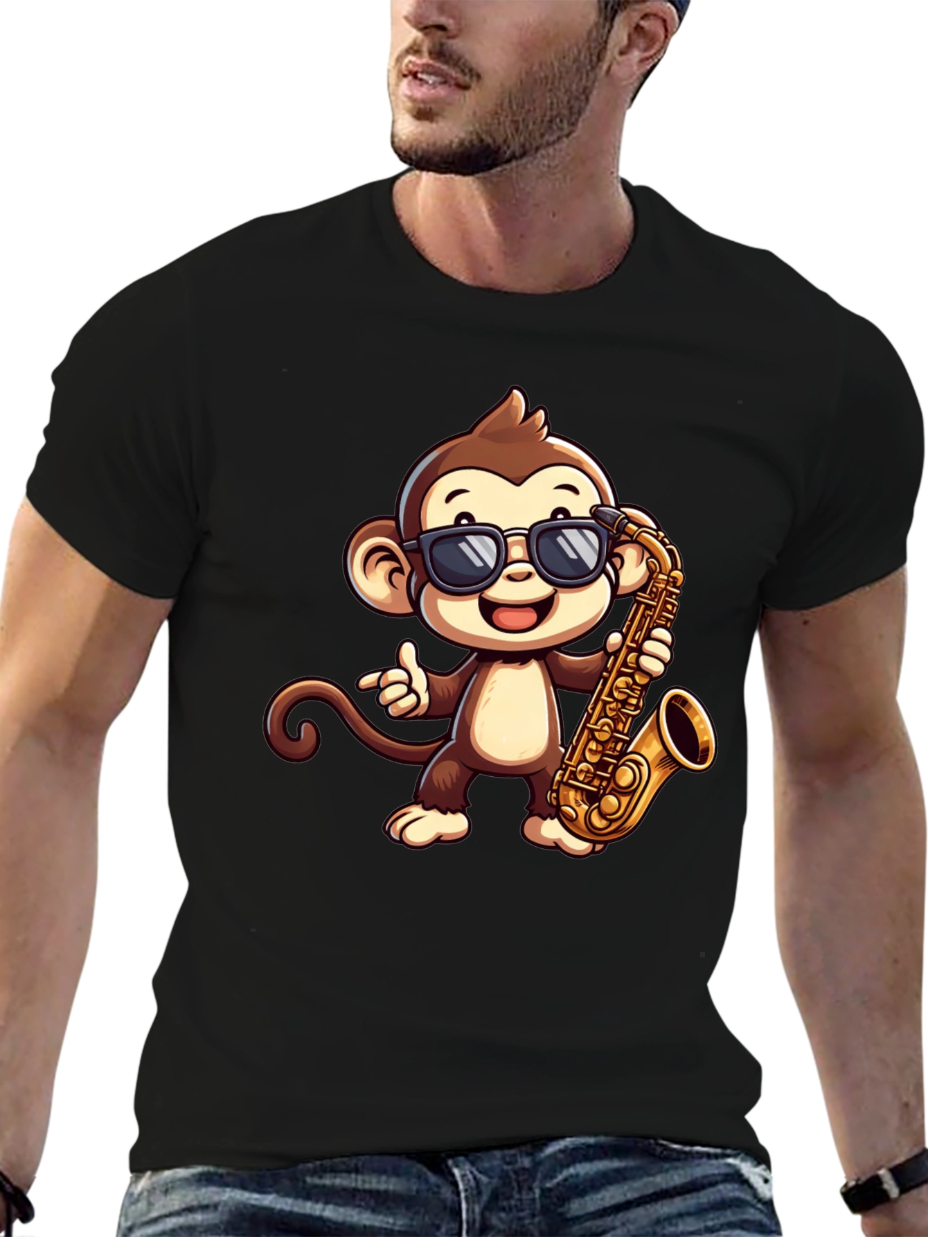 Black Monkey Saxophone Graphic Tee - Cool Cartoon T-Shirt view 6