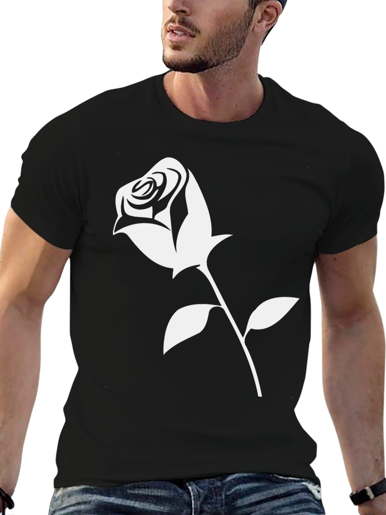 Black Black T-Shirt with White Rose Graphic view 6