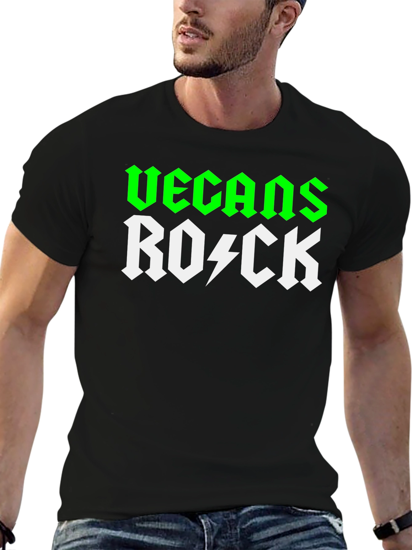 Black Vegans Rock T-Shirt - Green & White Graphic Tee view 6