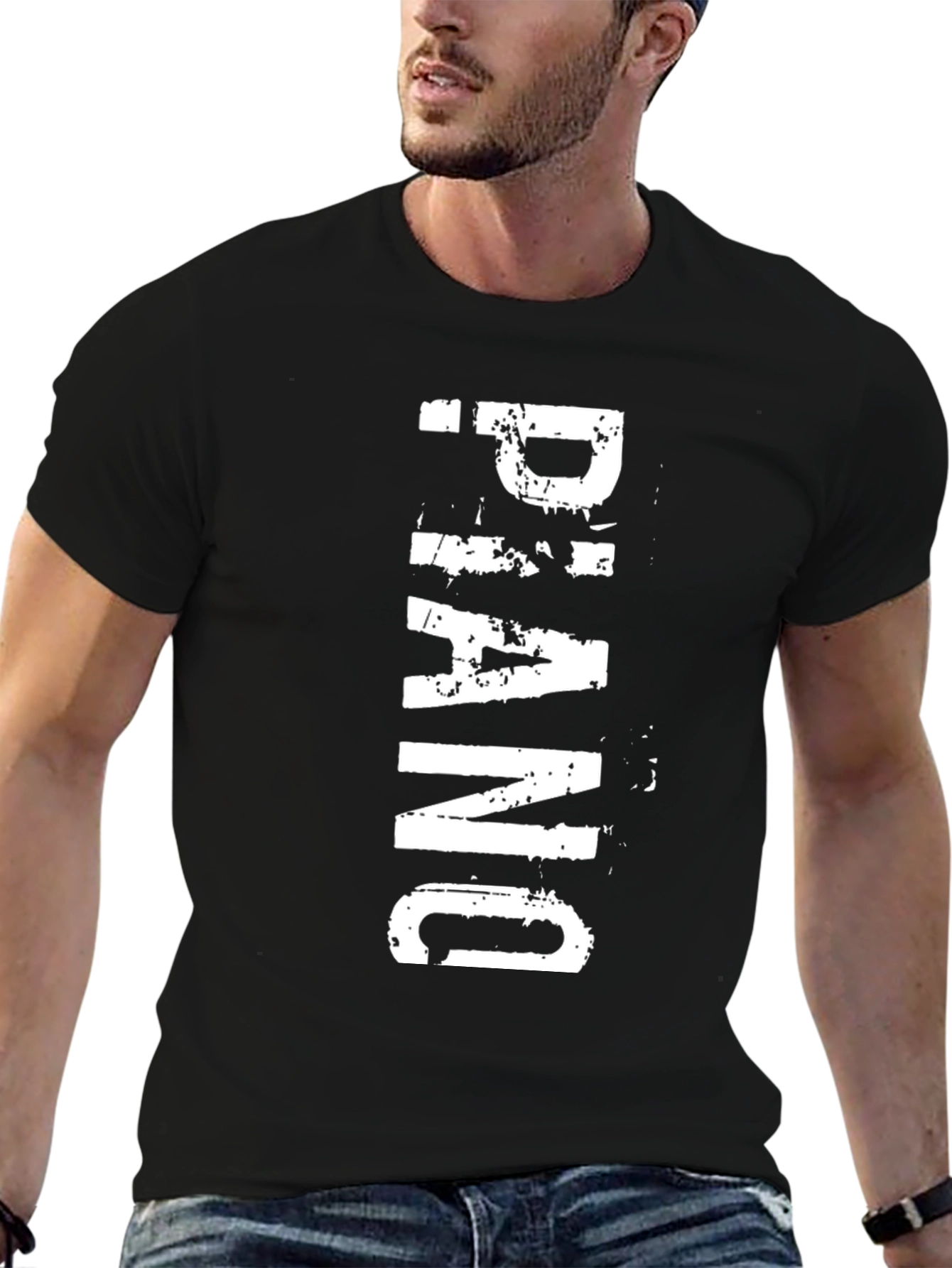 Black Piano T-Shirt - Black Cotton Tee with White Graphic Print view 6