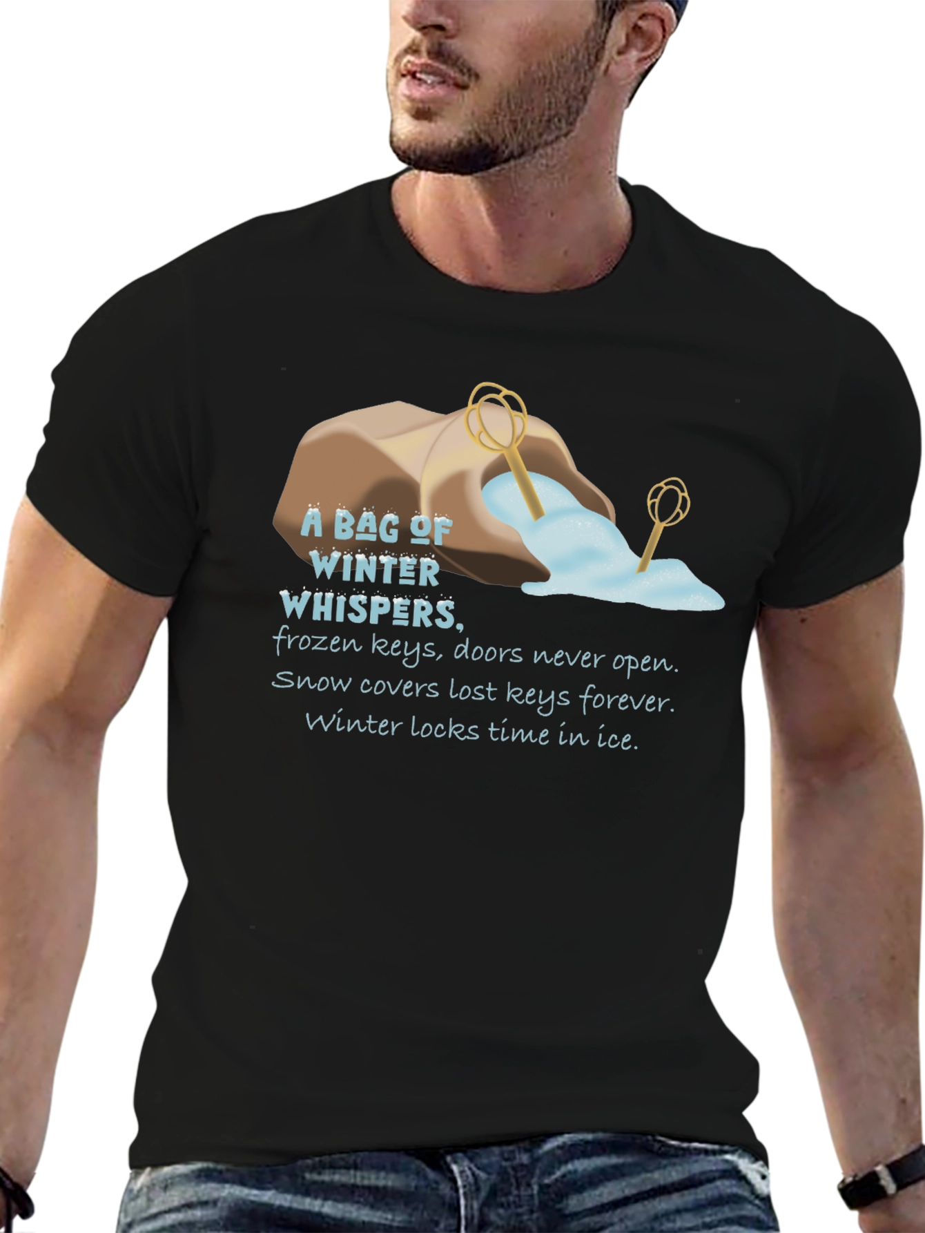 Black Winter Whispers Graphic T-Shirt - Unisex Black Tee view 6