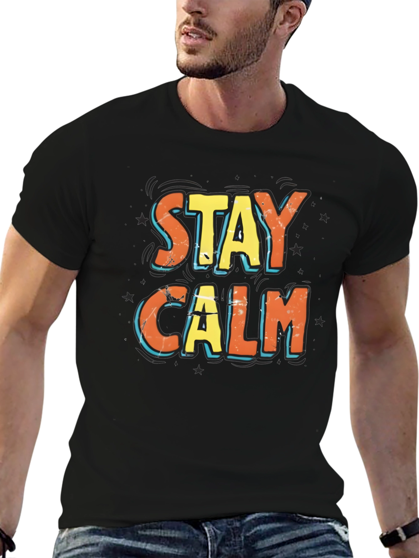Black Stay Calm Graphic Print Black T-Shirt view 6