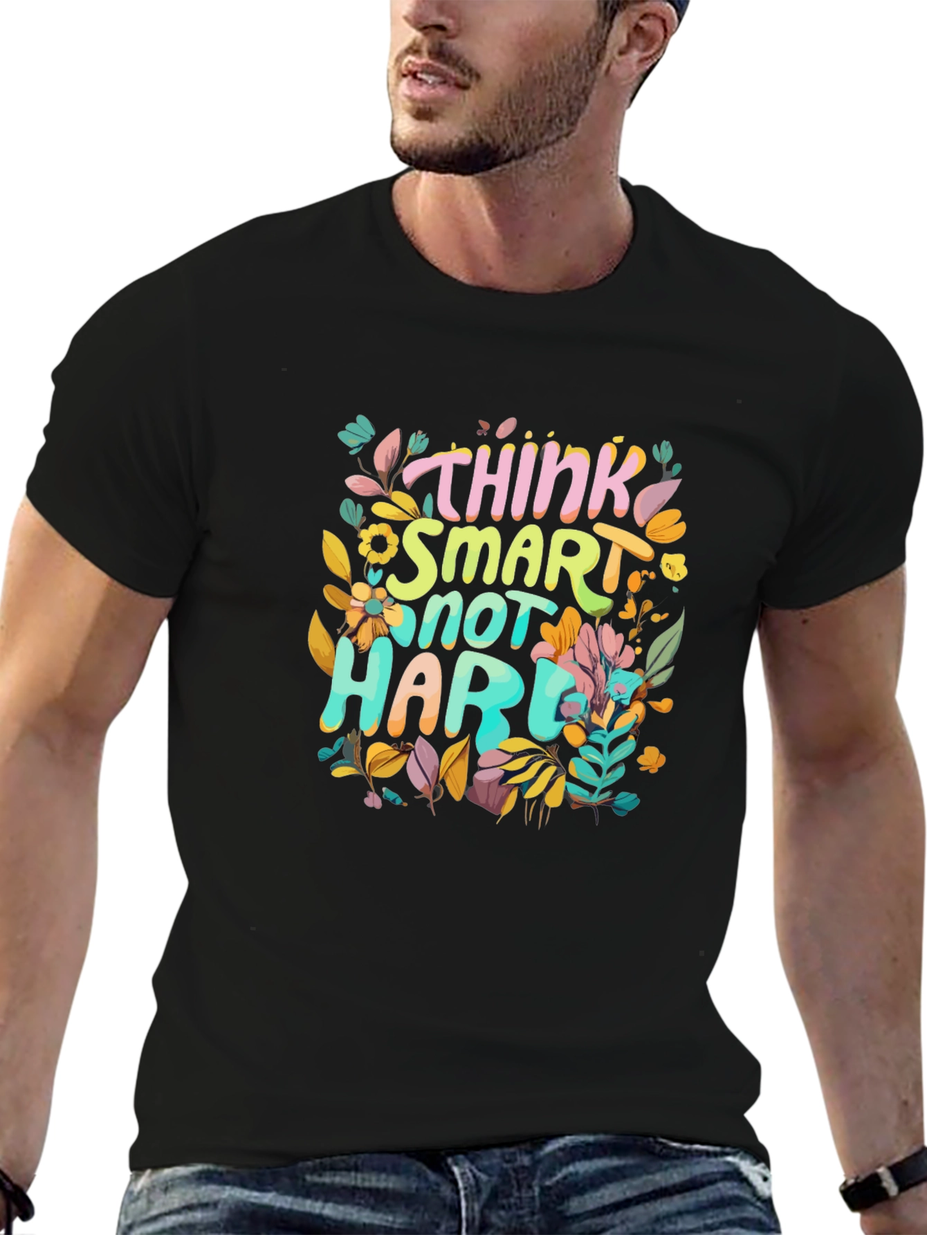 Black Think Smart T-Shirt - Unique Floral Design view 6