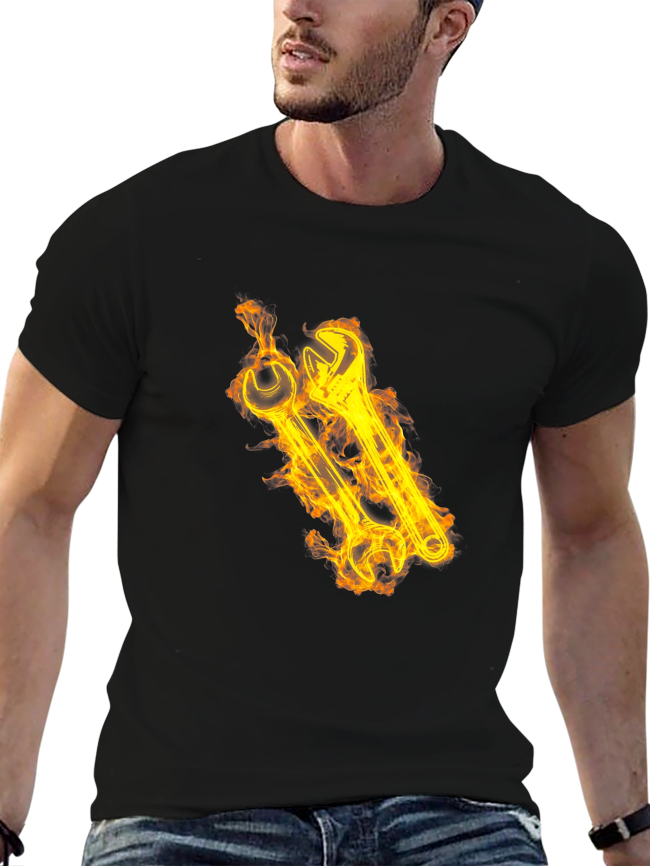 Black Fiery Wrench Graphic Black T-Shirt view 6