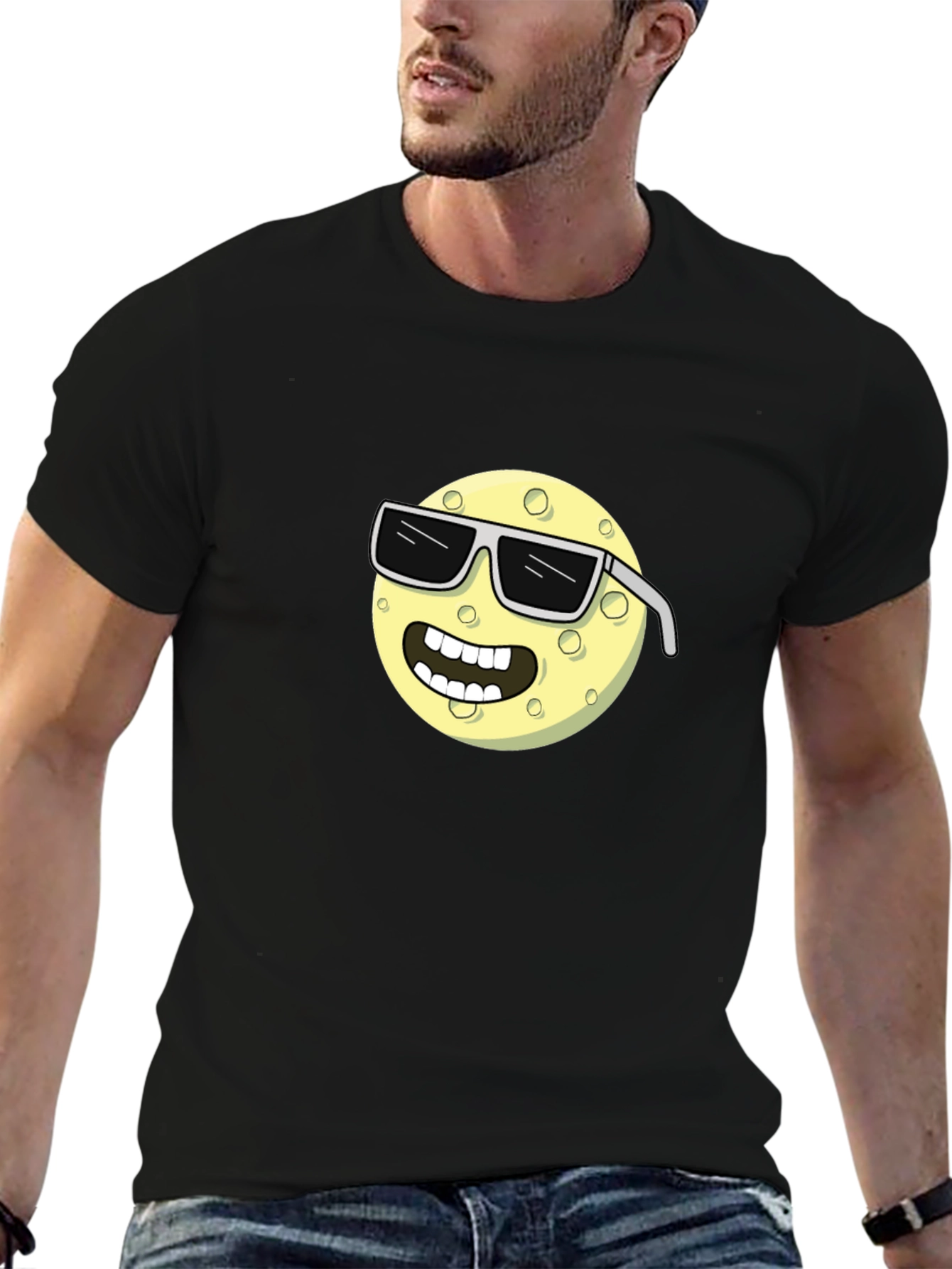 Black Cool Moon T-Shirt - Cartoon Graphic Tee view 6