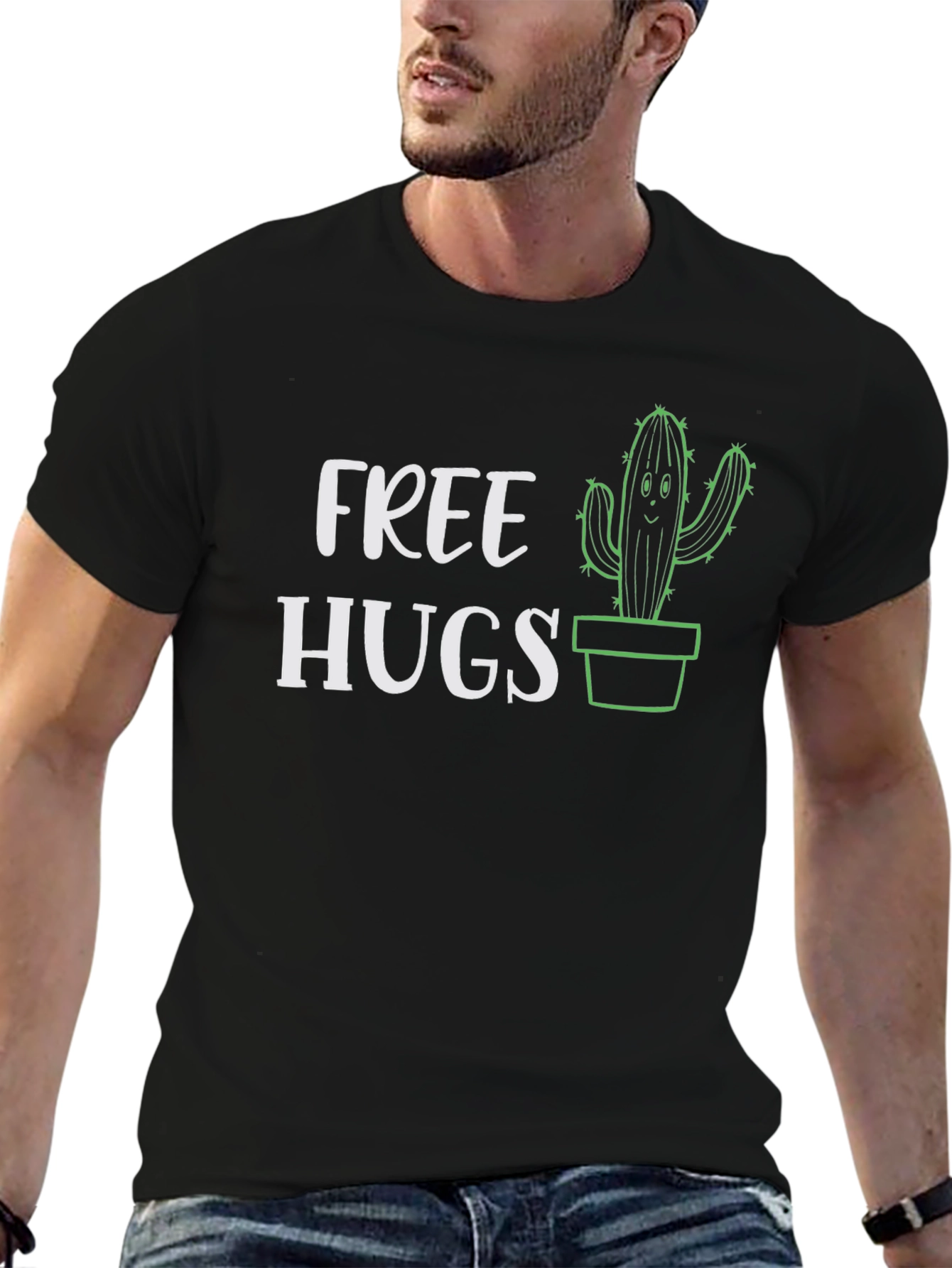 Black Free Hugs Cactus Graphic Tee - Black Cotton T-Shirt view 6