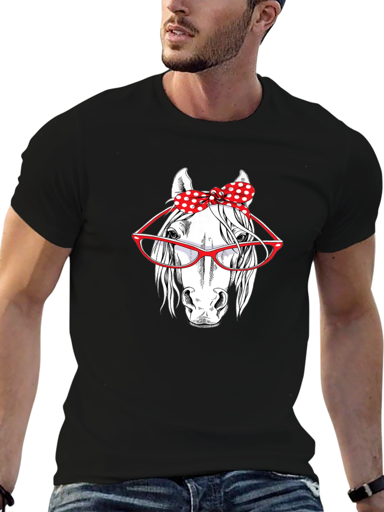 Black Horse with Glasses Graphic T-Shirt view 6