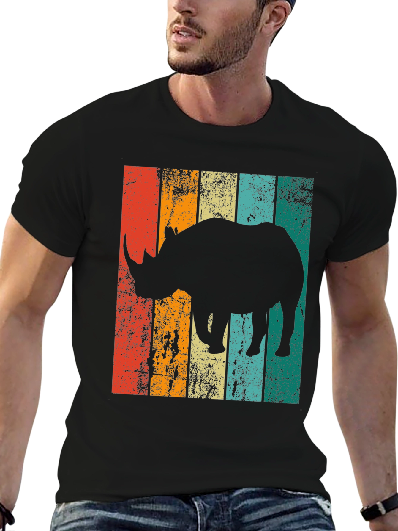 Black Retro Rhino Graphic T-Shirt - Vintage Style Men's Tee view 6