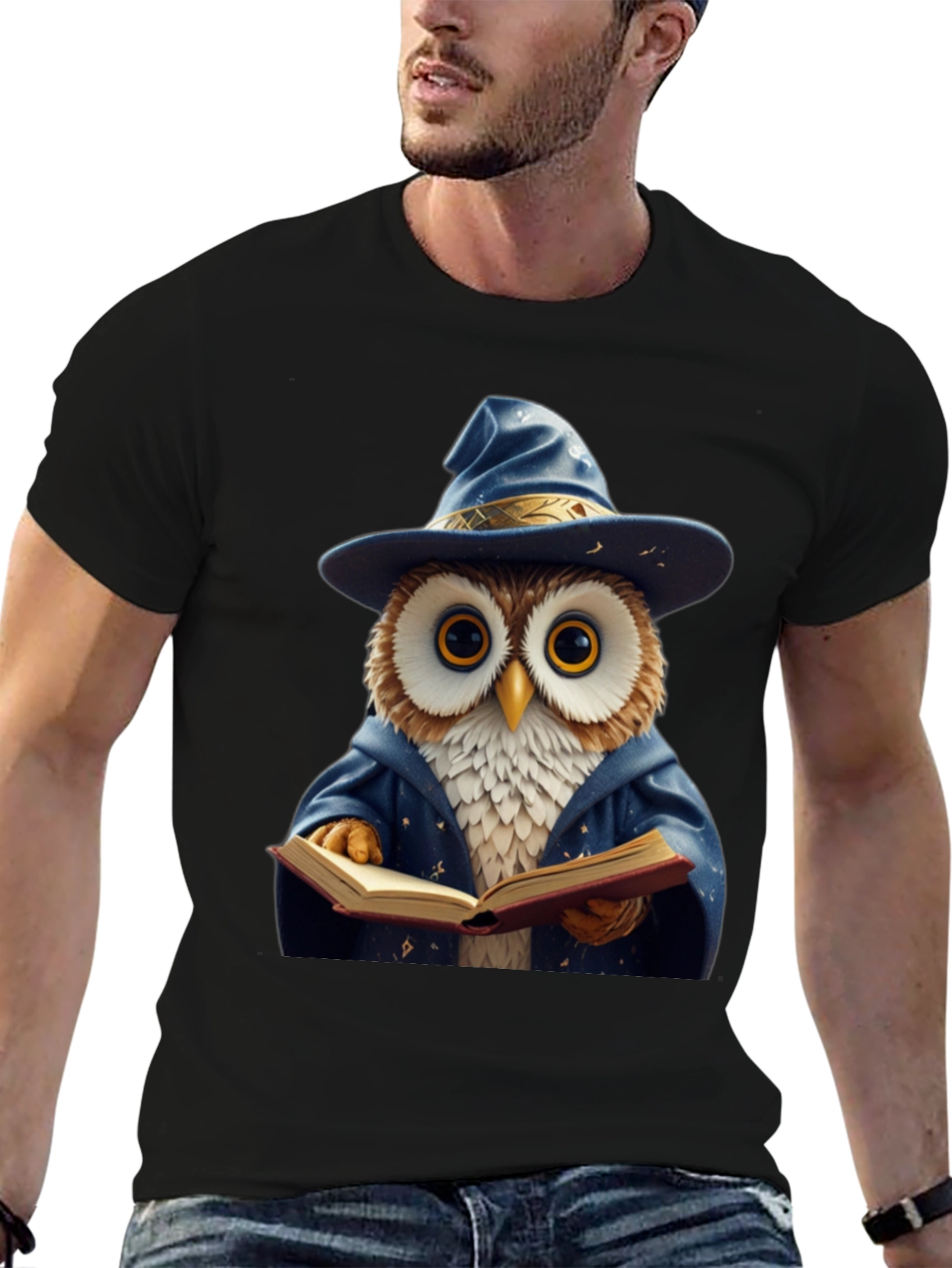 Black Wizard Owl T-Shirt - Funny Bookworm Tee view 6