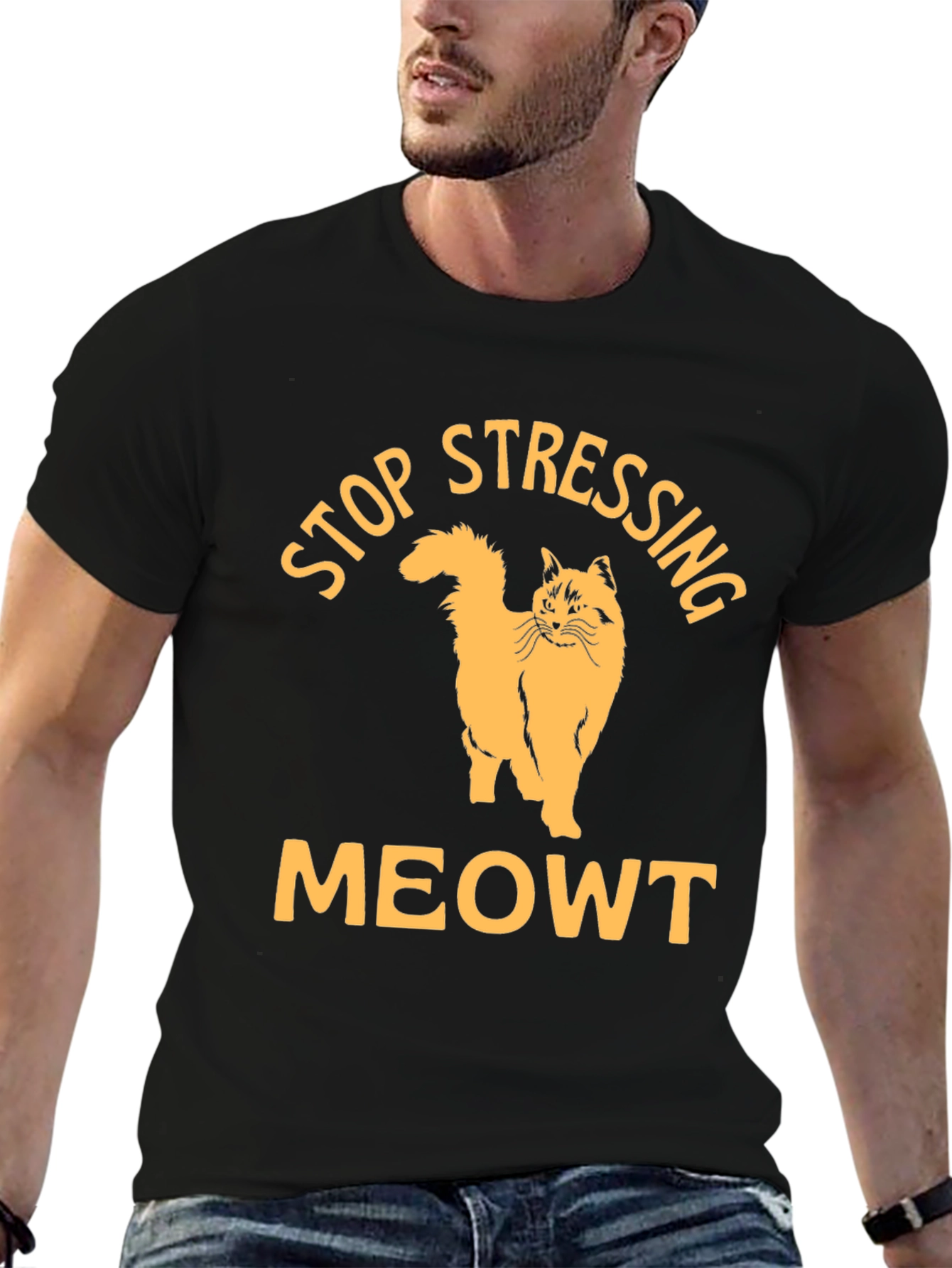 Black Stop Stressing Meowt Black T-Shirt view 6