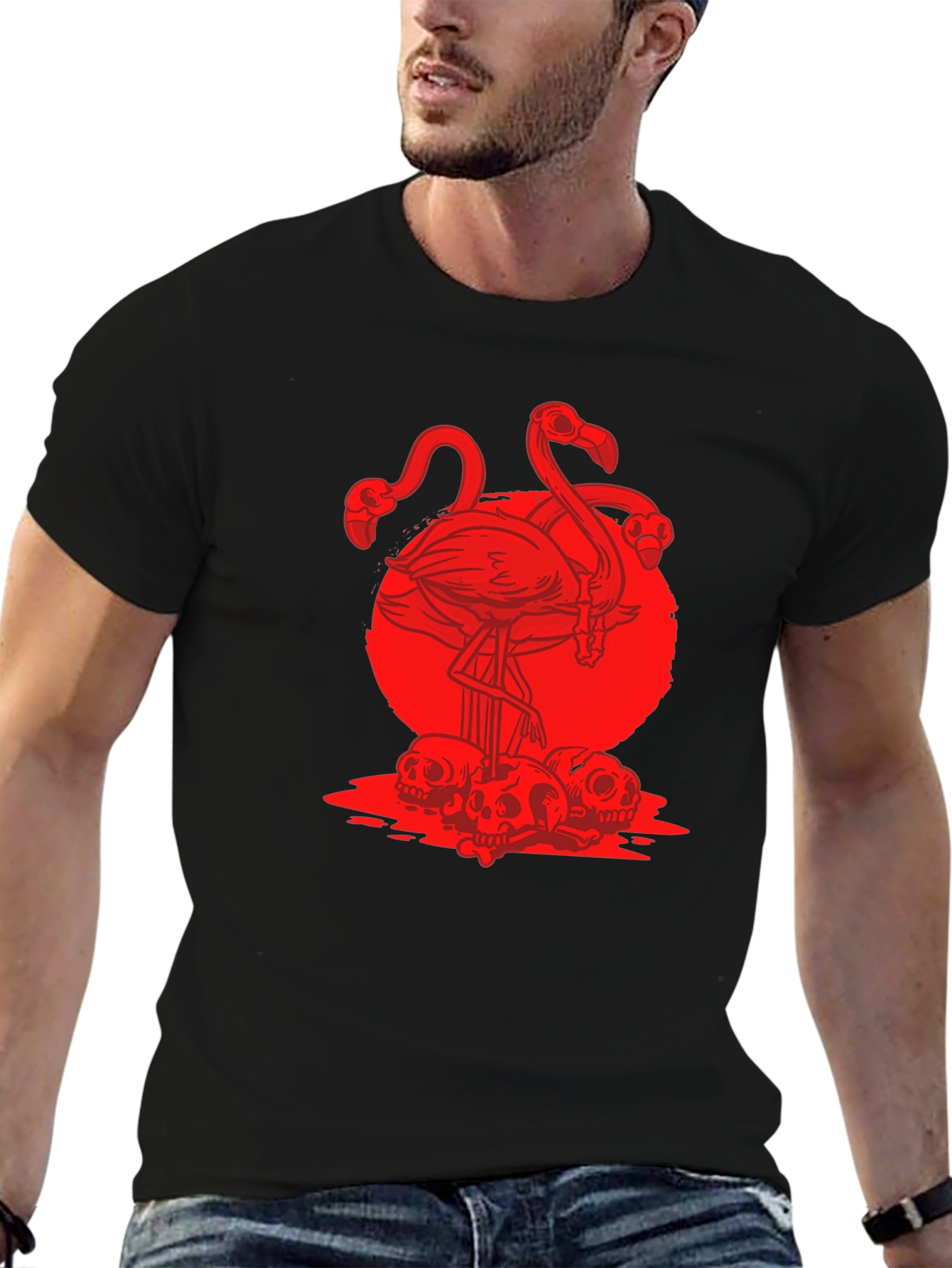 Black Flamingo Skulls Graphic T-Shirt view 6