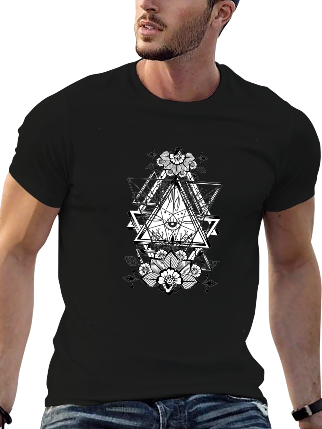 Black Geometric Eye Graphic Tee - Black view 6