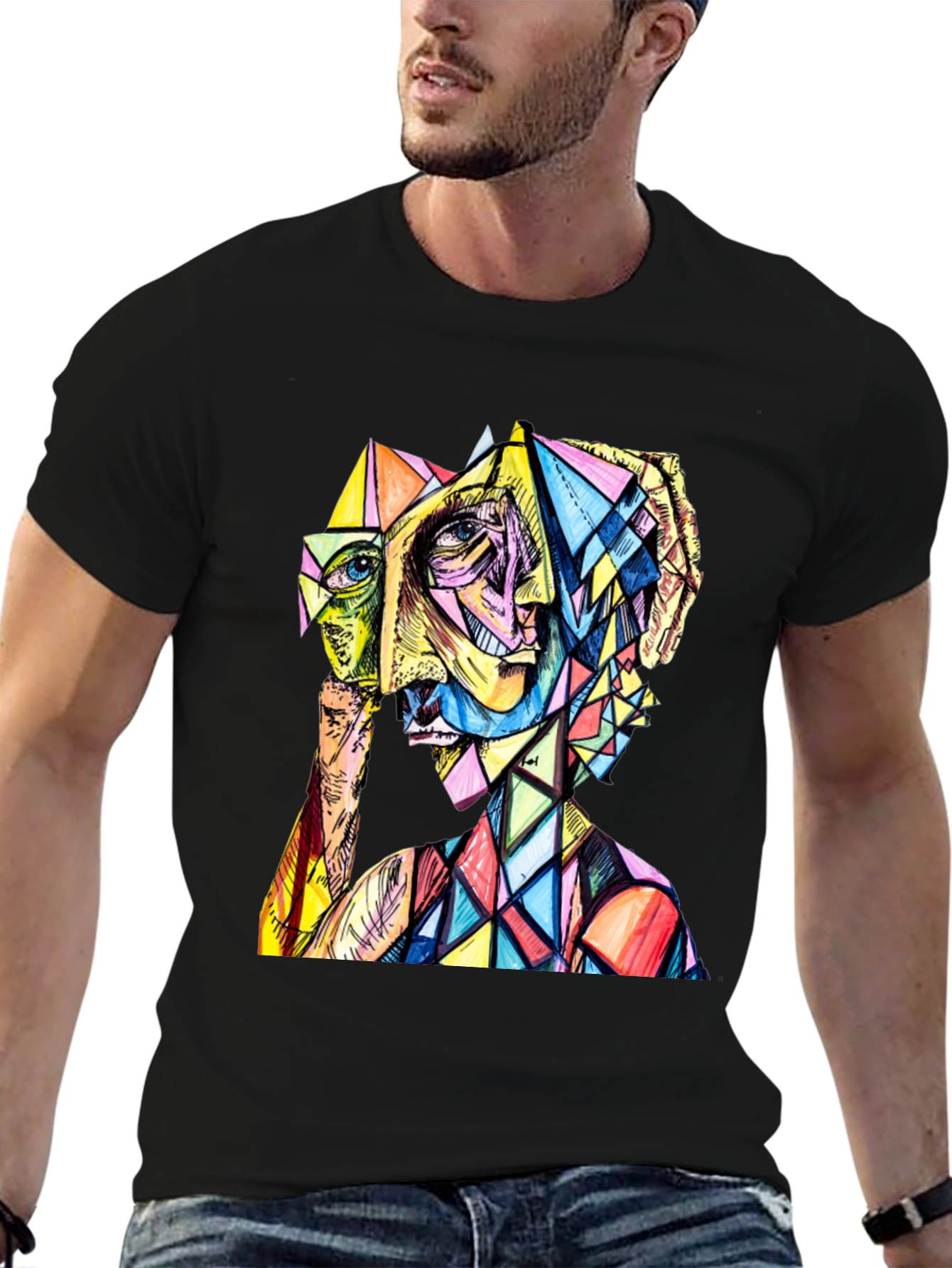 Black Abstract Geometric Face Graphic Tee view 6