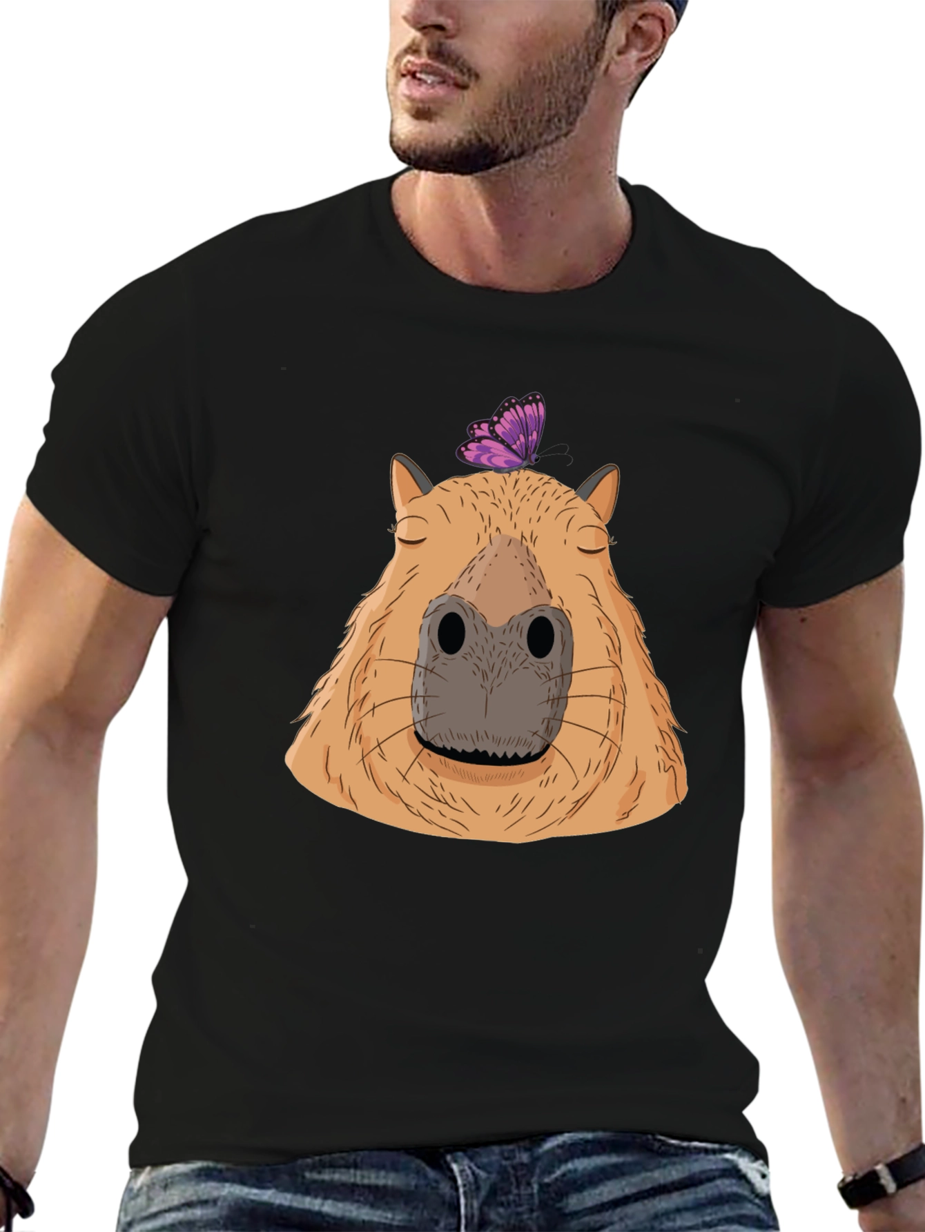 Black Capybara & Butterfly Graphic T-Shirt - Comfort & Style view 6