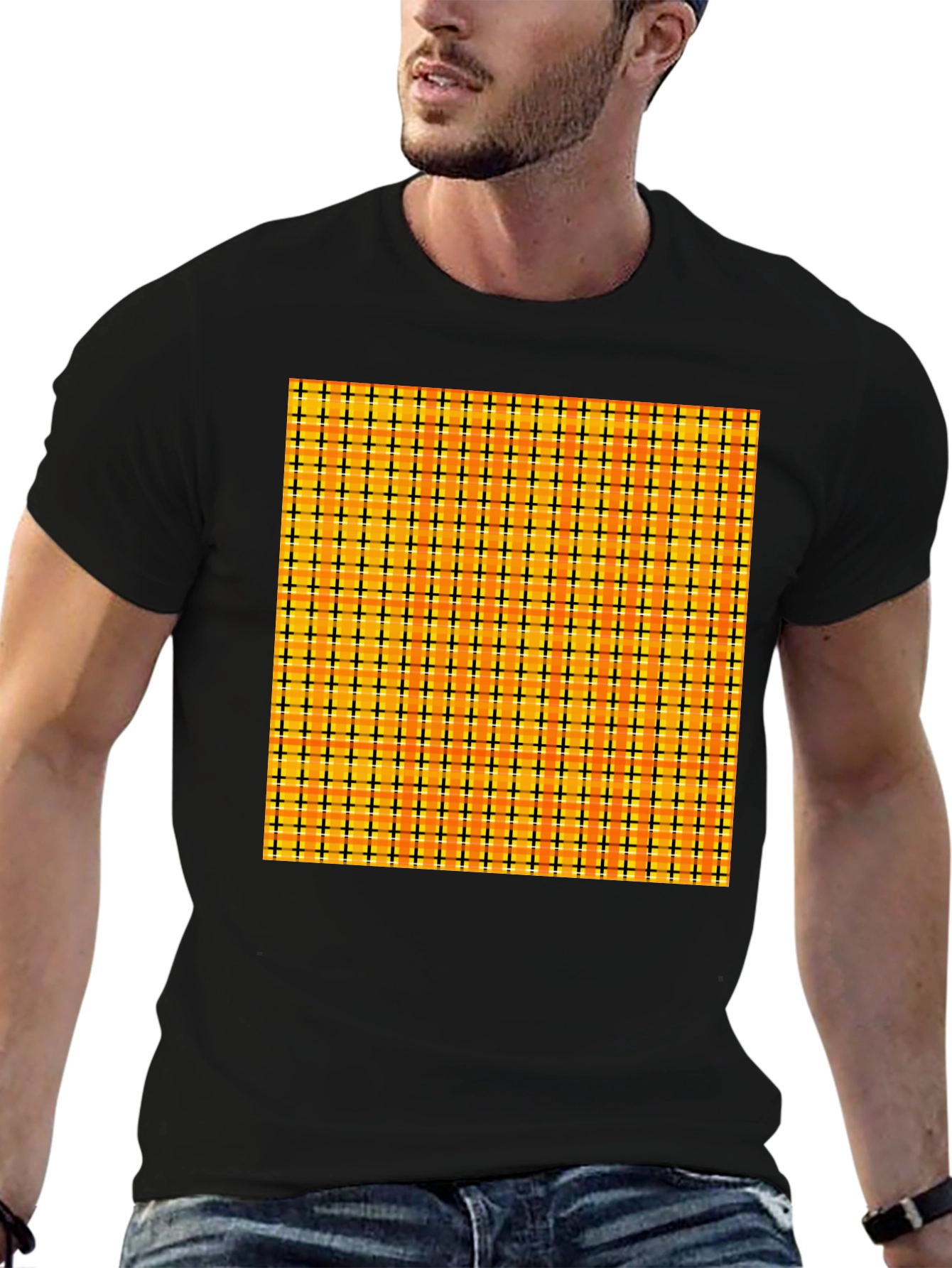 Black Men's Black Tee with Colorful Grid Pattern view 6