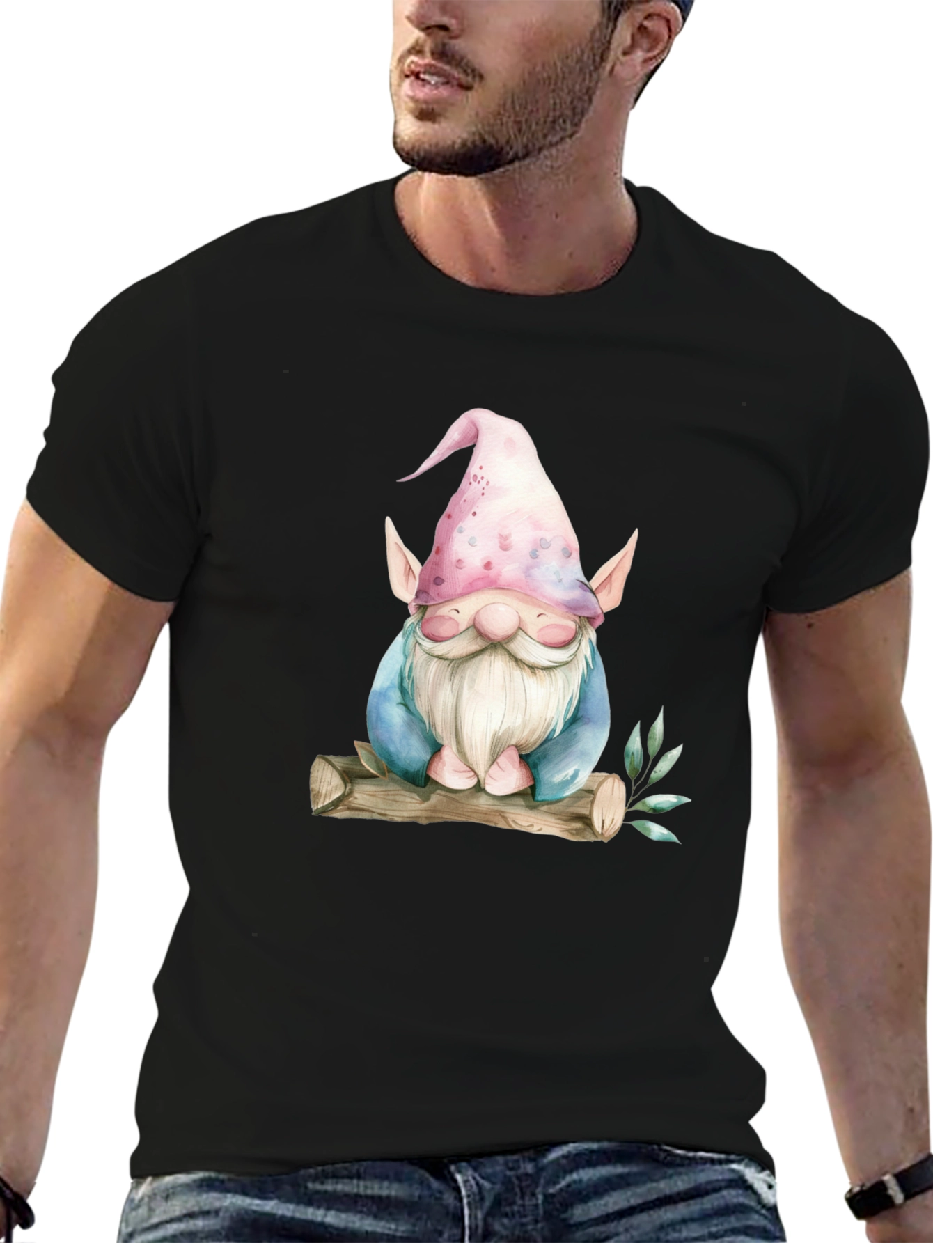 Black Whimsical Gnome Graphic Tee - Black view 6