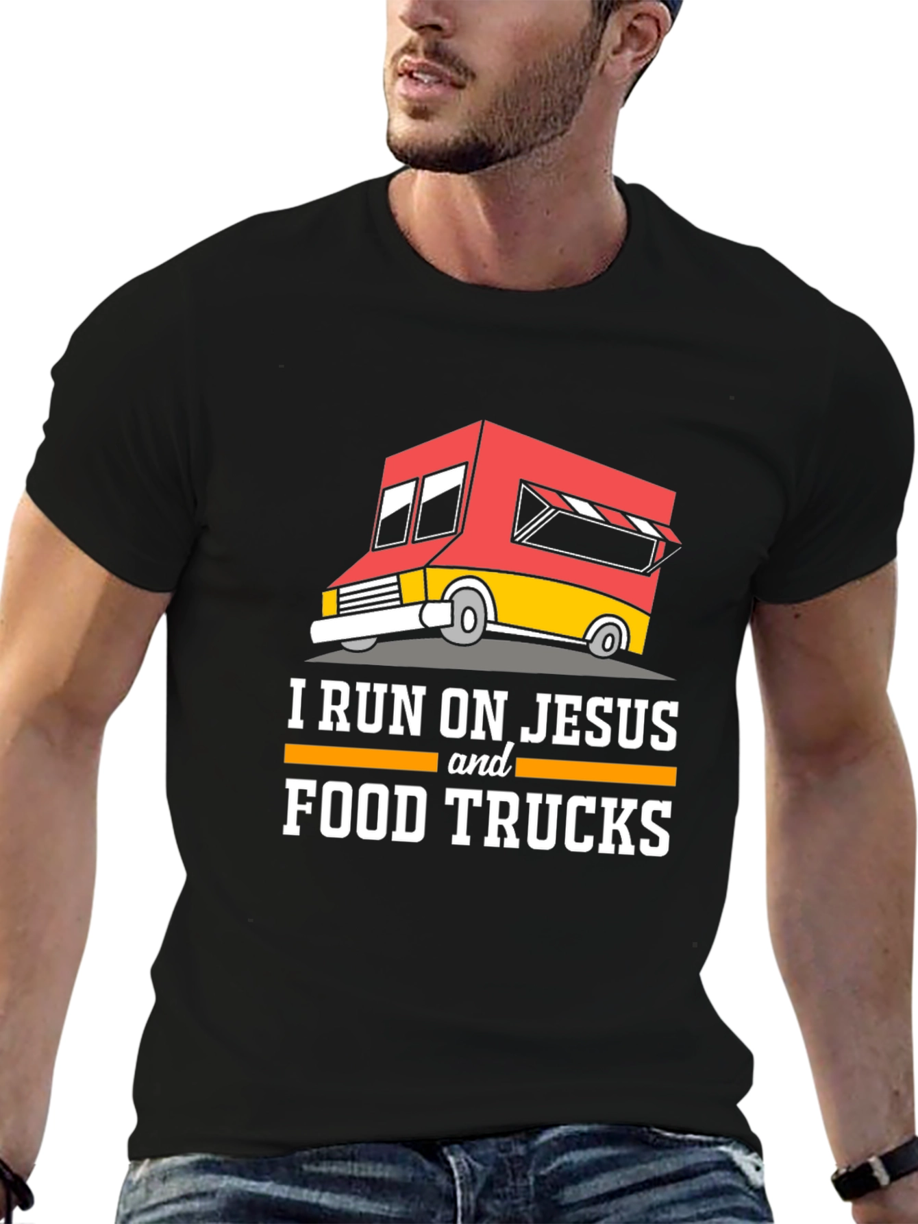 Black I Run on Jesus and Food Trucks T-Shirt view 6