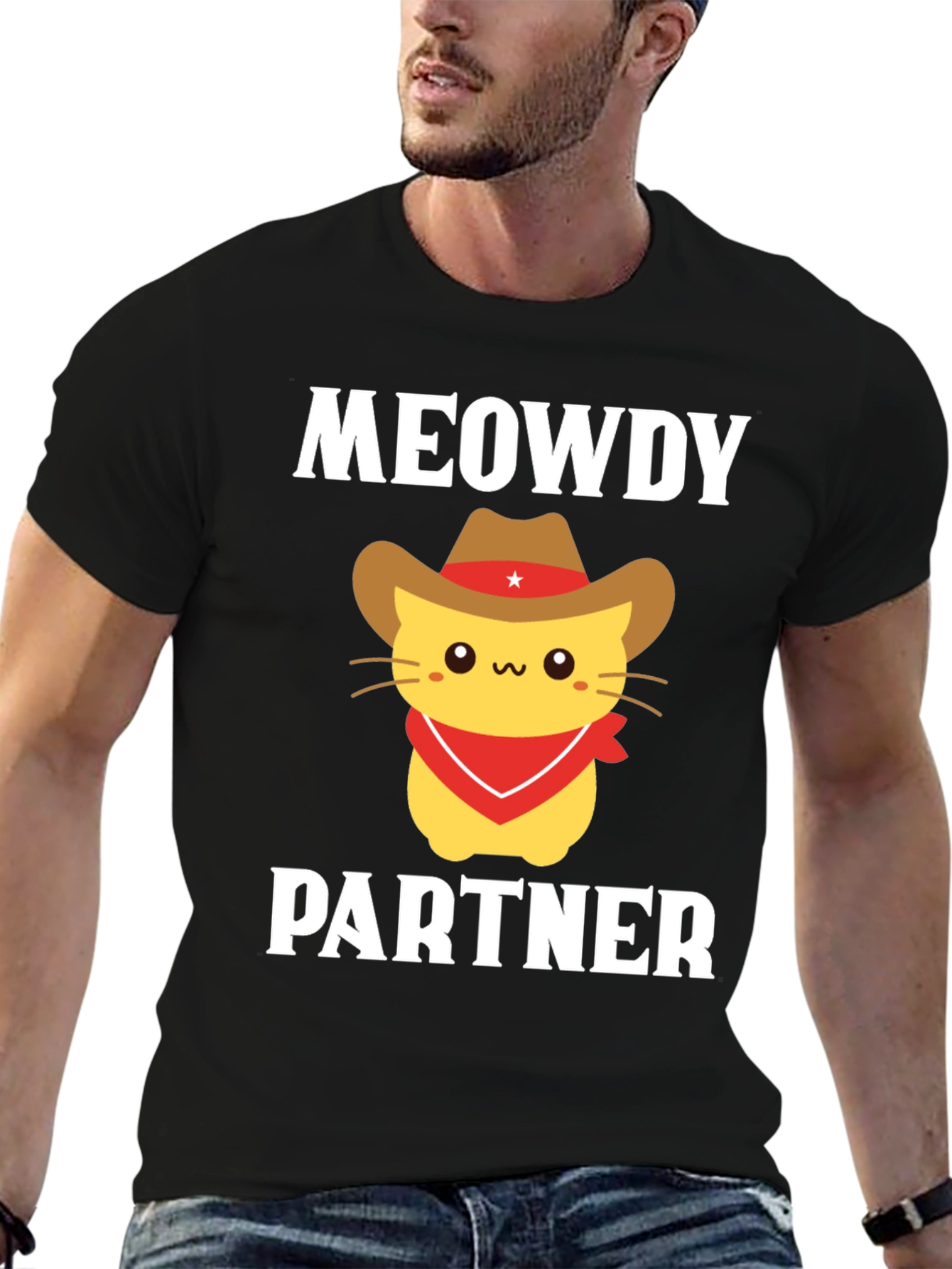 Black Meowdy Partner Cat Cowboy T-Shirt view 6