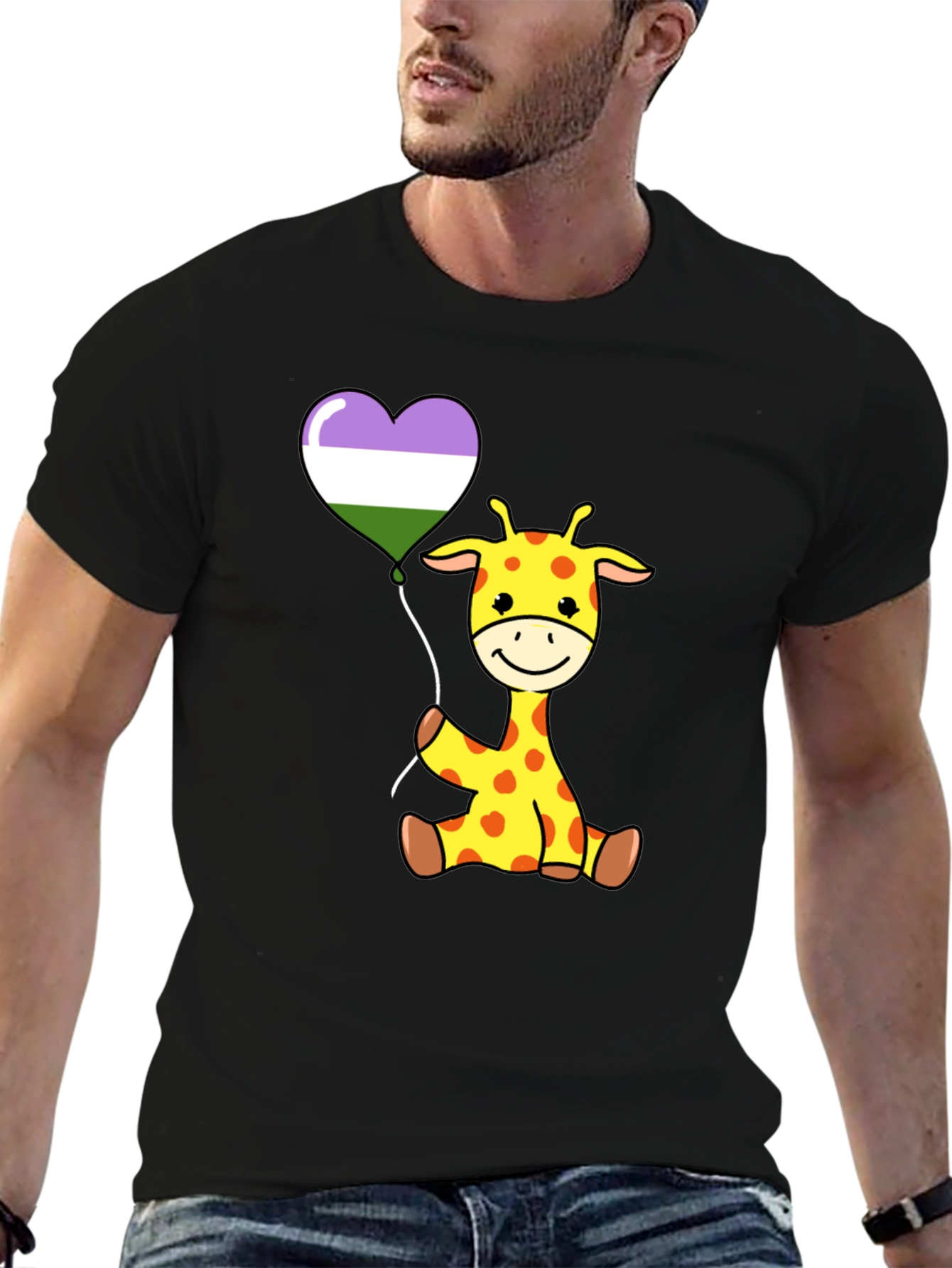 Black Cute Giraffe Balloon T-Shirt view 6