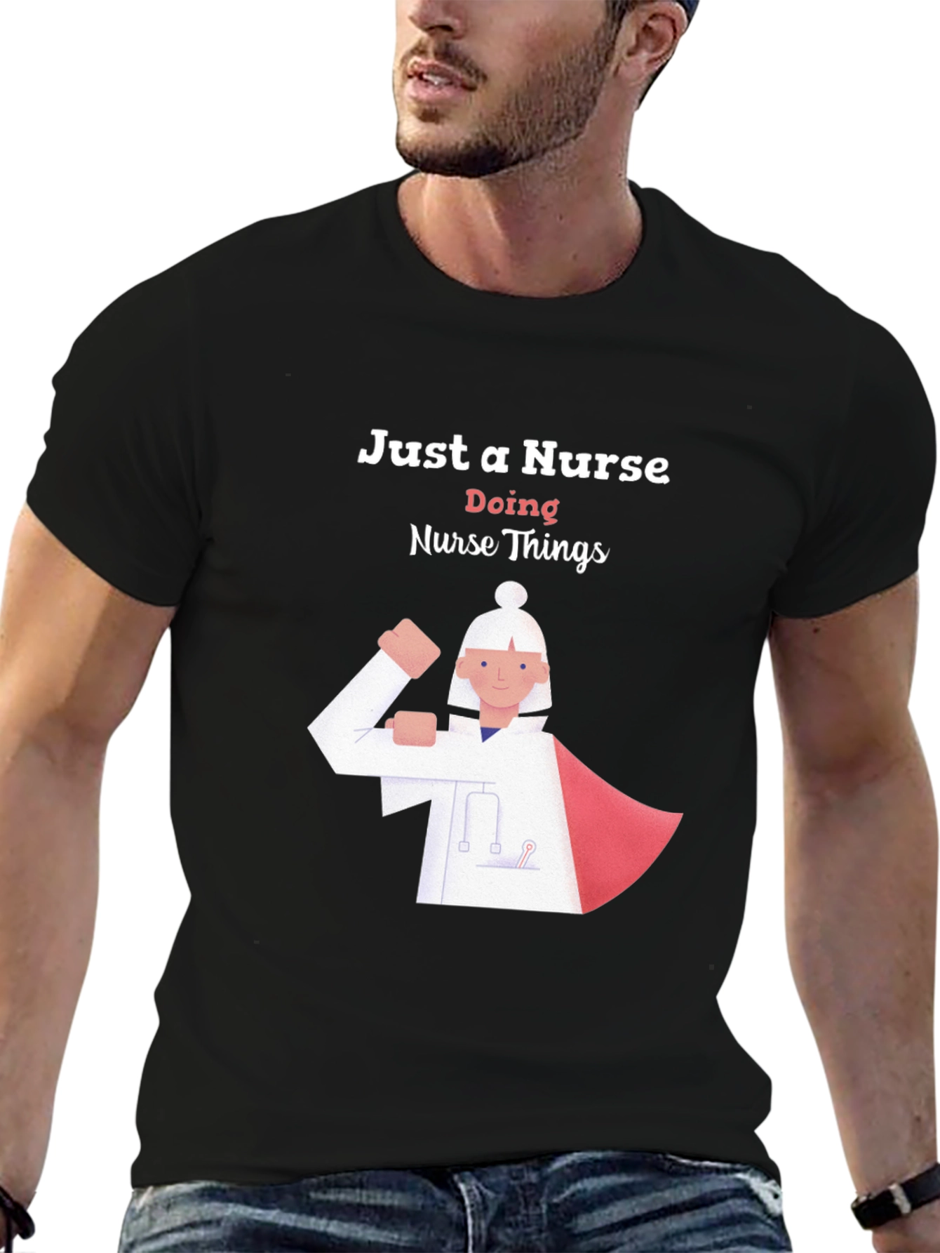 Black Nurse Superhero Graphic T-Shirt - Black Cotton Tee view 6