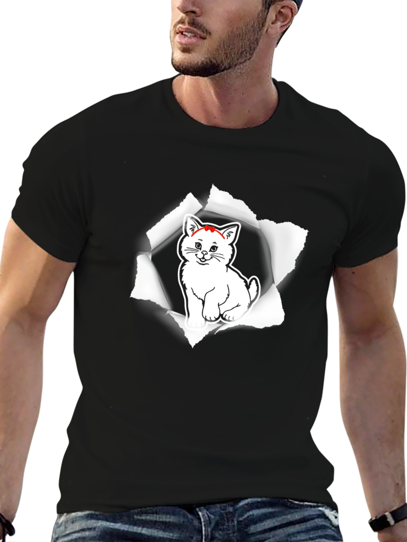 Black Men's Black T-Shirt with Cat Graphic view 6