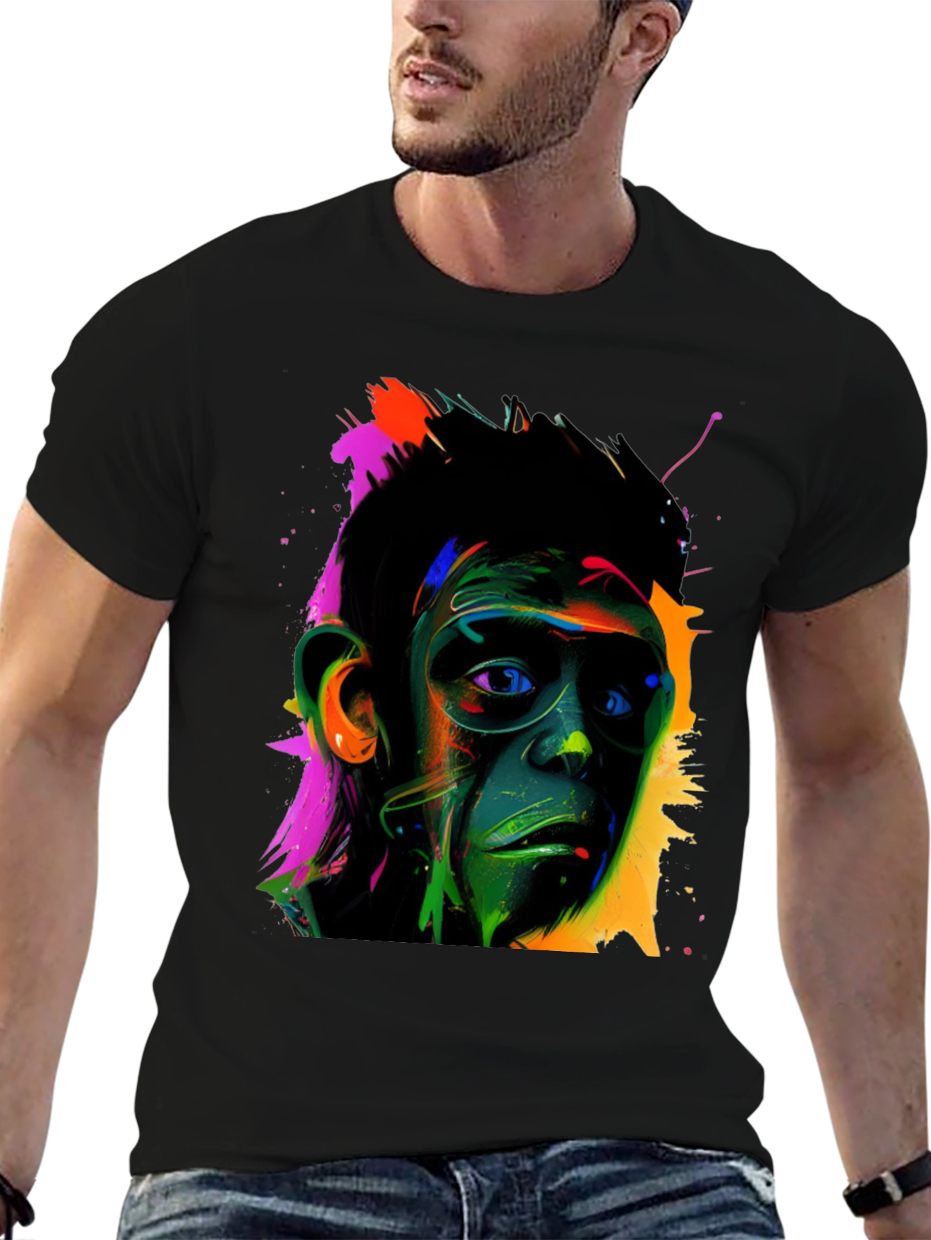 Black Colorful Monkey Face Graphic T-Shirt view 6