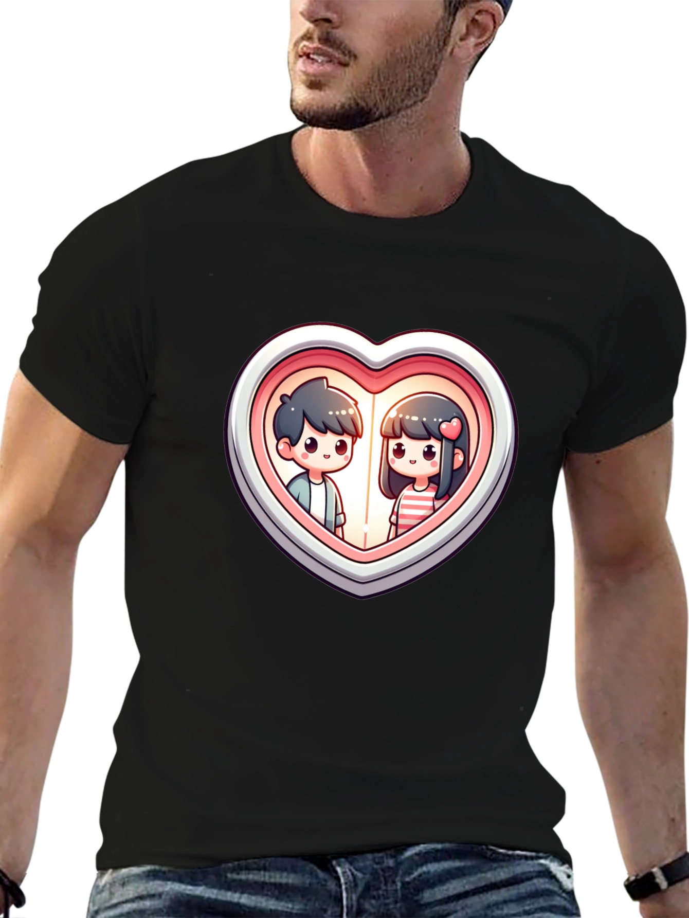 Black Cute Couple Heart Graphic Tee - Black Cotton T-Shirt view 6