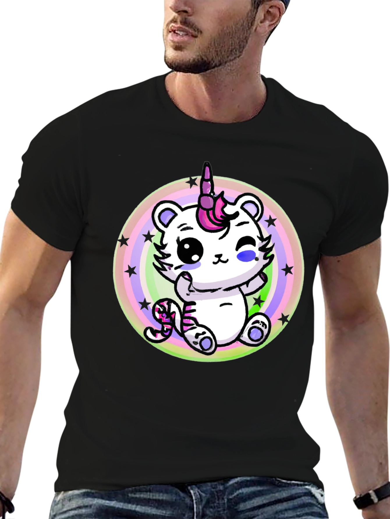 Black Cute Unicorn Cat T-Shirt - Black Cotton Tee view 6