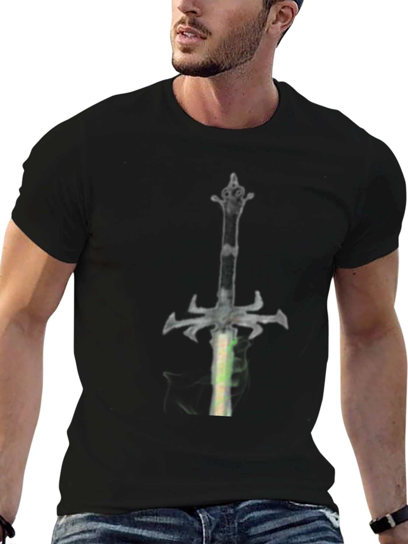Black Fantasy Sword Graphic Tee - Black Cotton Casual Shirt view 6