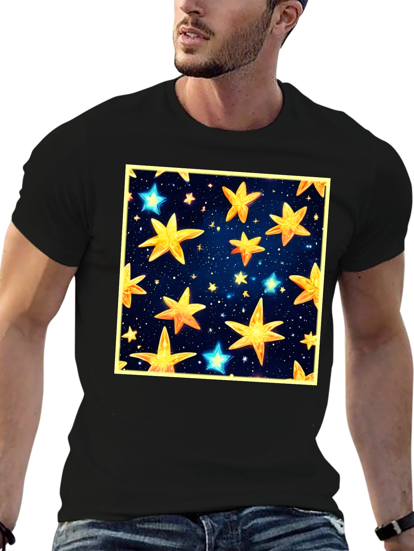 Black Starry Night Graphic Tee - Black Cotton Comfort view 6
