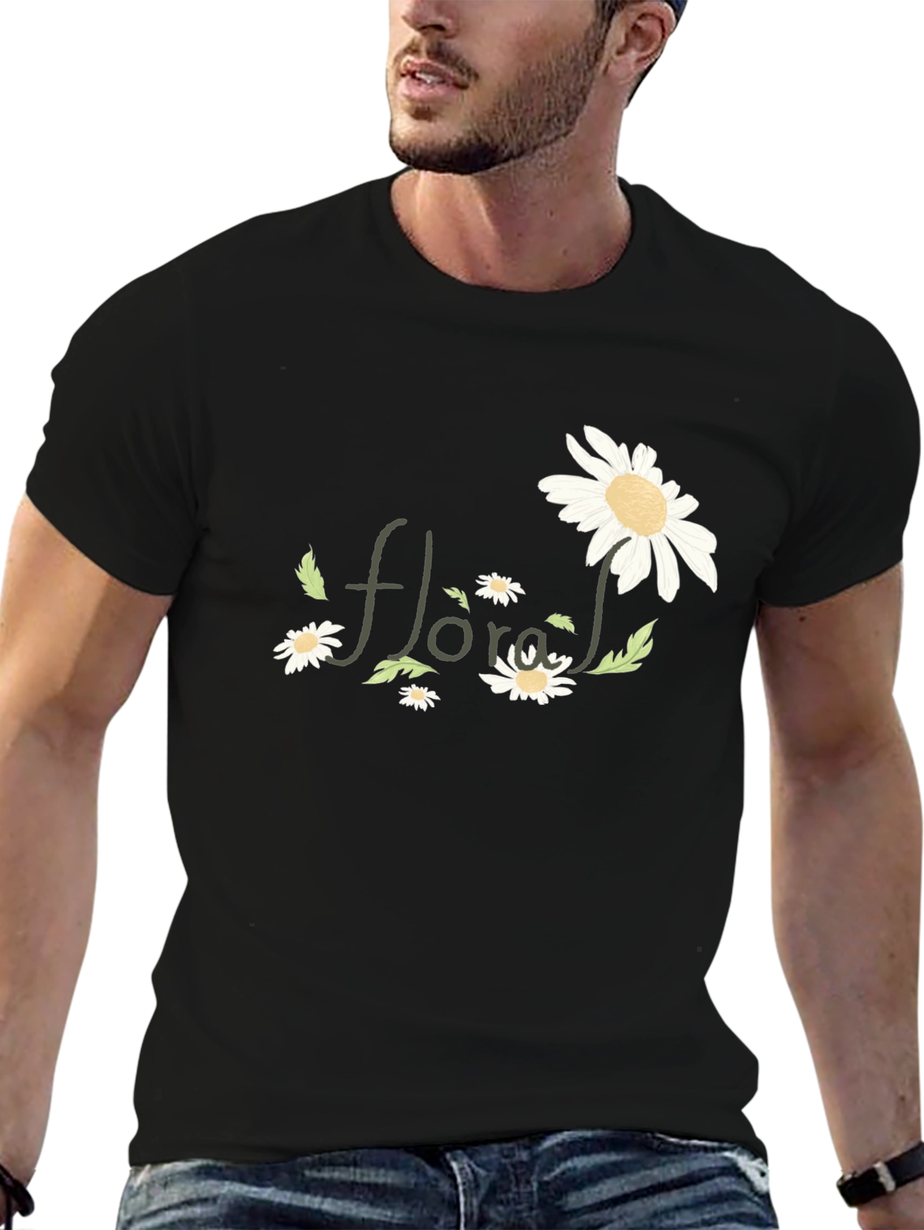 Black Floral Graphic Black T-Shirt for Men view 6