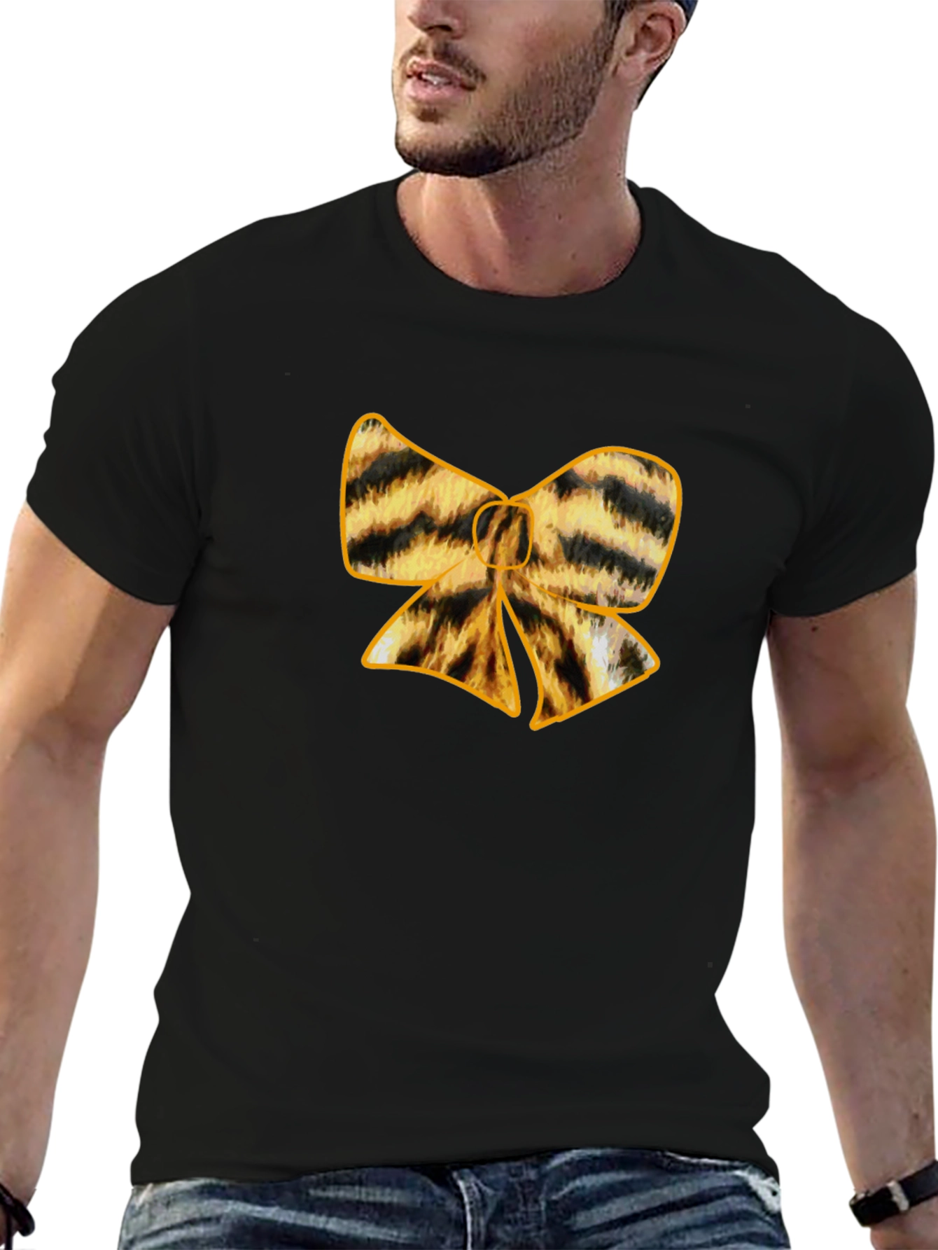 Black Striped Bow Tie Graphic Tee - Stylish Black T-Shirt view 6