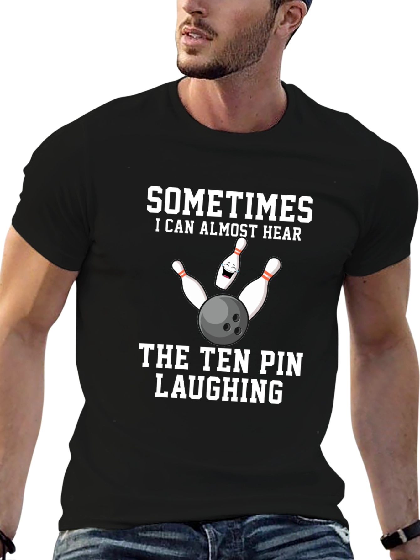Black Funny Bowling T-Shirt: Ten Pin Laughing Design view 6