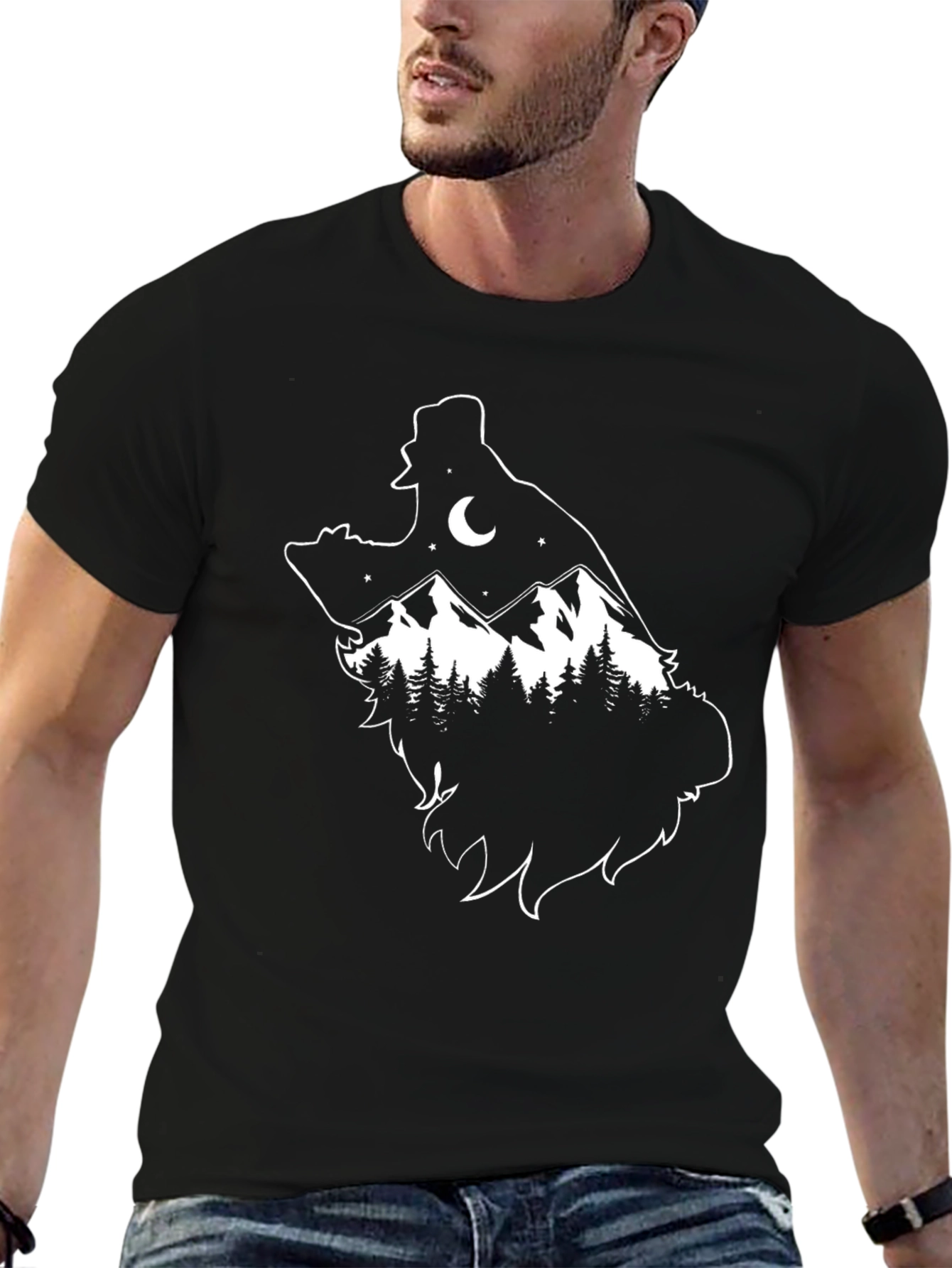 Black Wolf Mountain Scene T-Shirt - Black view 6