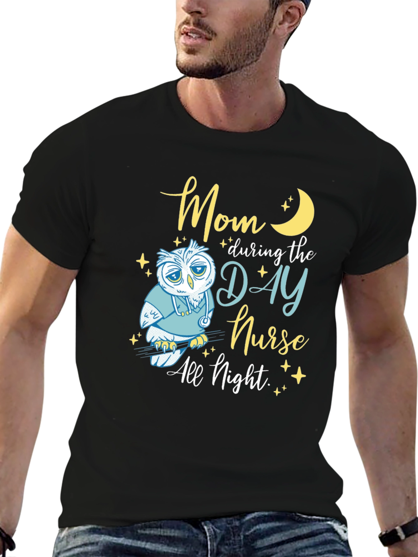 Black Mom Day Nurse, Night Owl T-Shirt - Soft Cotton Blend view 6