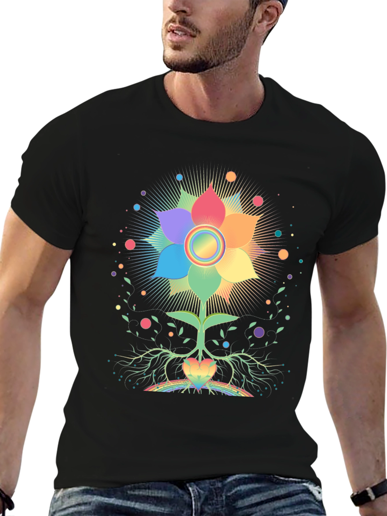 Black Rainbow Flower Chakra Tree Black T-Shirt view 6