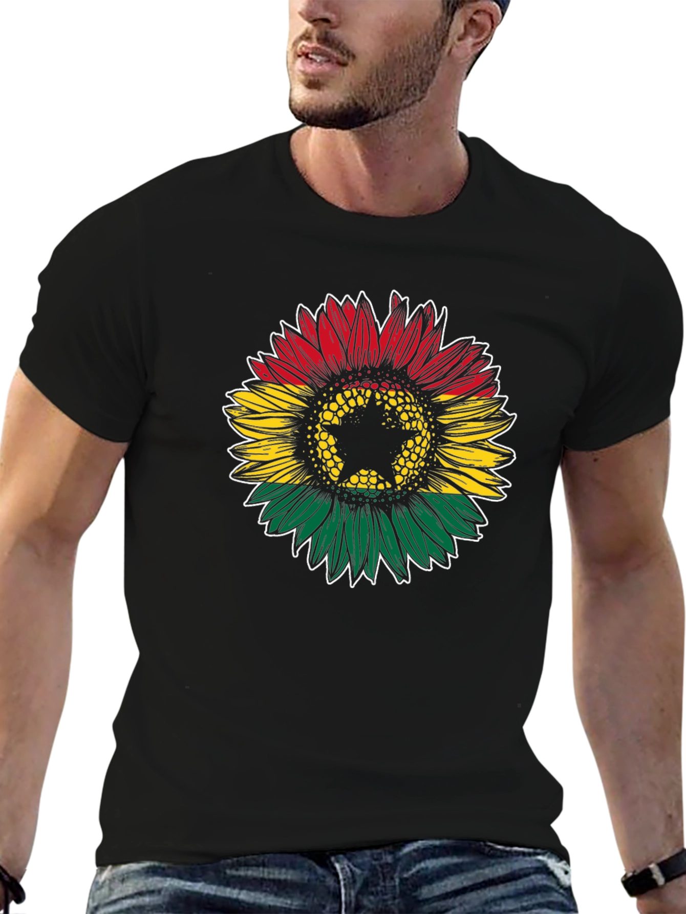 Black Ghana Flag Sunflower Graphic T-Shirt view 6