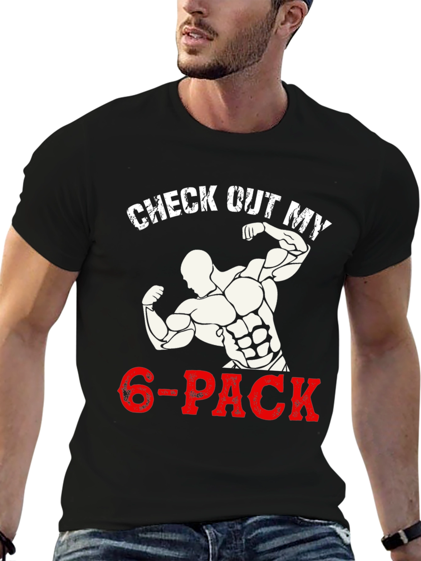 Black Check Out My 6-Pack Funny Gym Workout T-Shirt view 6