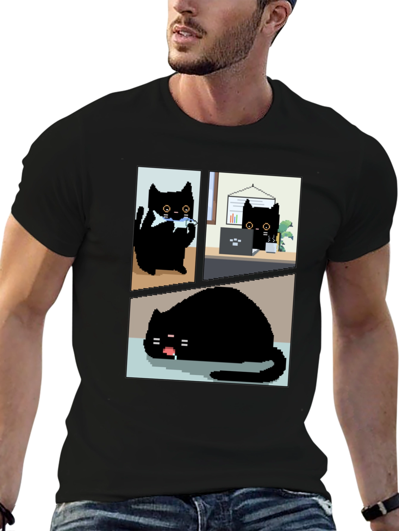 Black Pixel Black Cat T-Shirt - Cute & Funny view 6