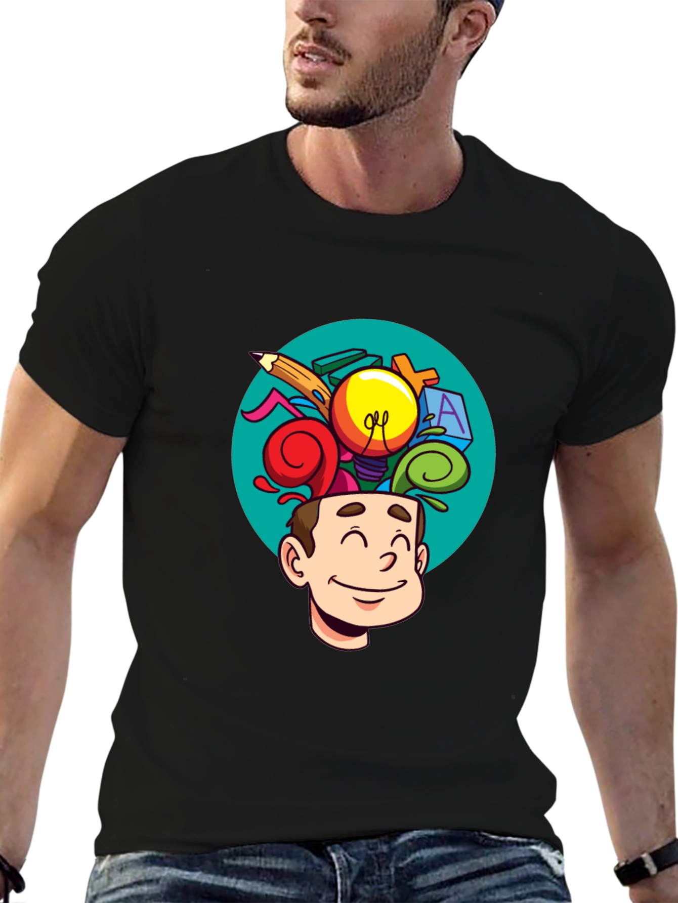 Black Creative Mind T-Shirt - Cartoon Brain view 6