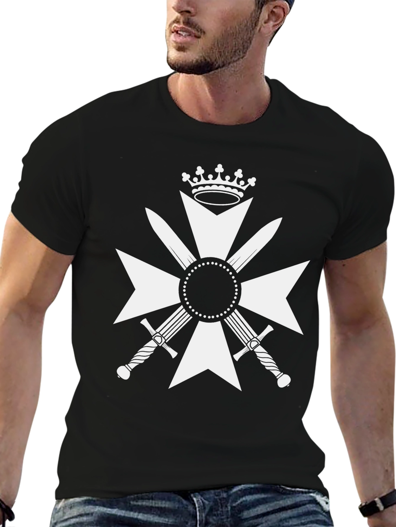 Black Crossed Swords Crown Black Tee - Bold Graphic Design view 6