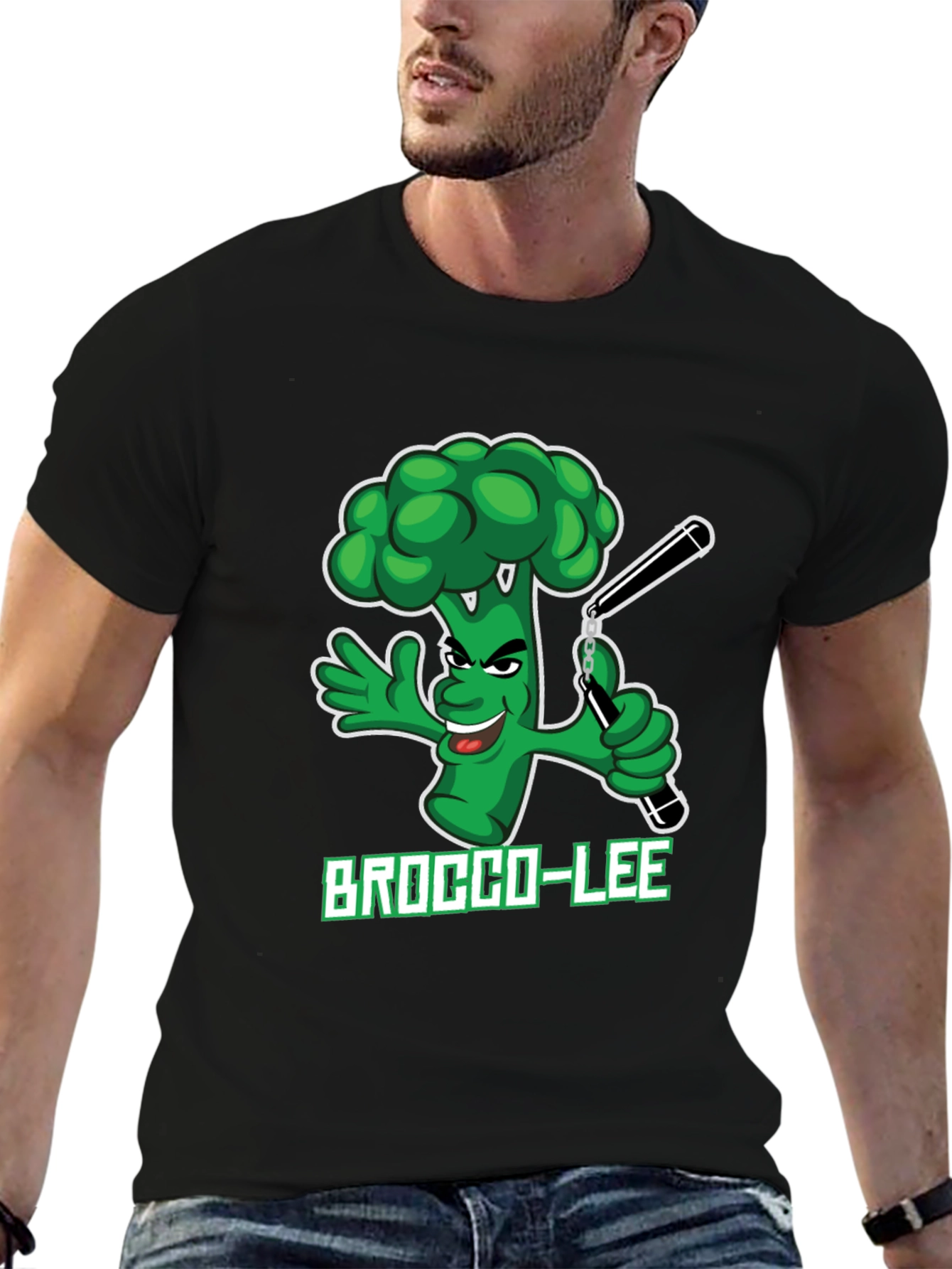 Black Brocco-Lee T-Shirt: Funny Broccoli Karate Tee view 6