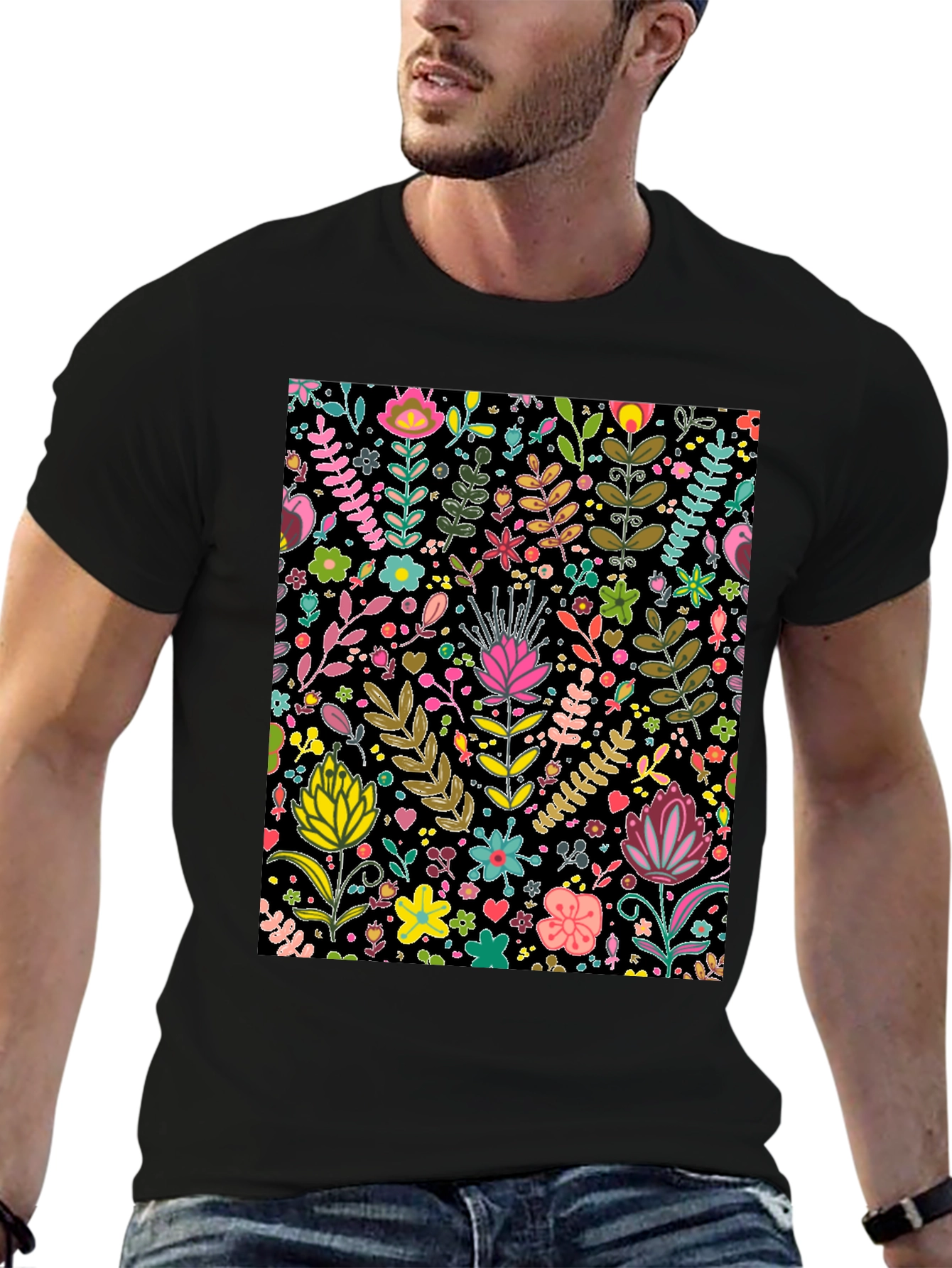 Black Floral Patterned Black T-Shirt view 6