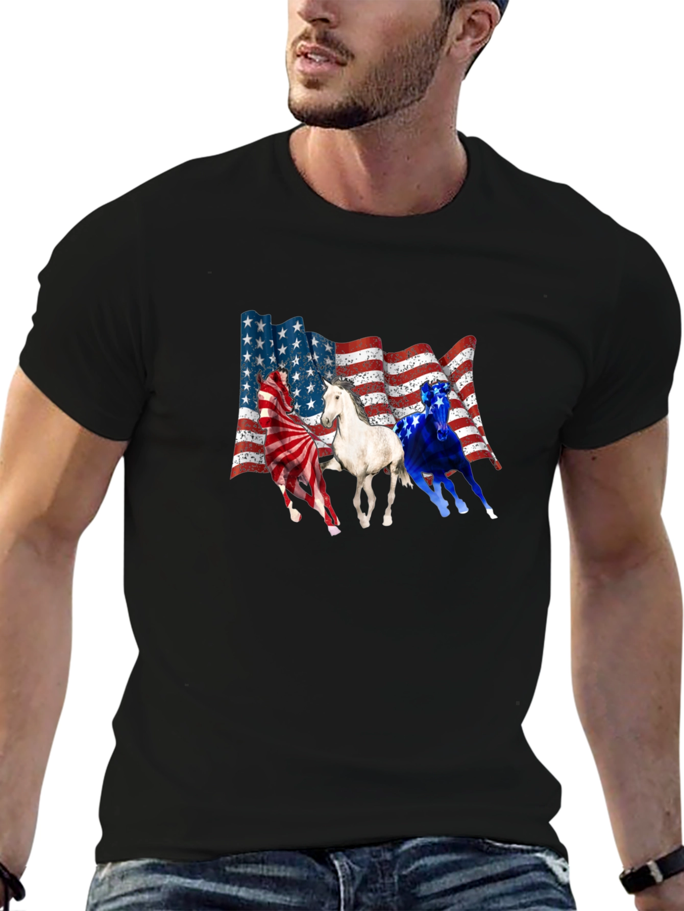 Black Patriotic Horses USA Flag T-Shirt view 6