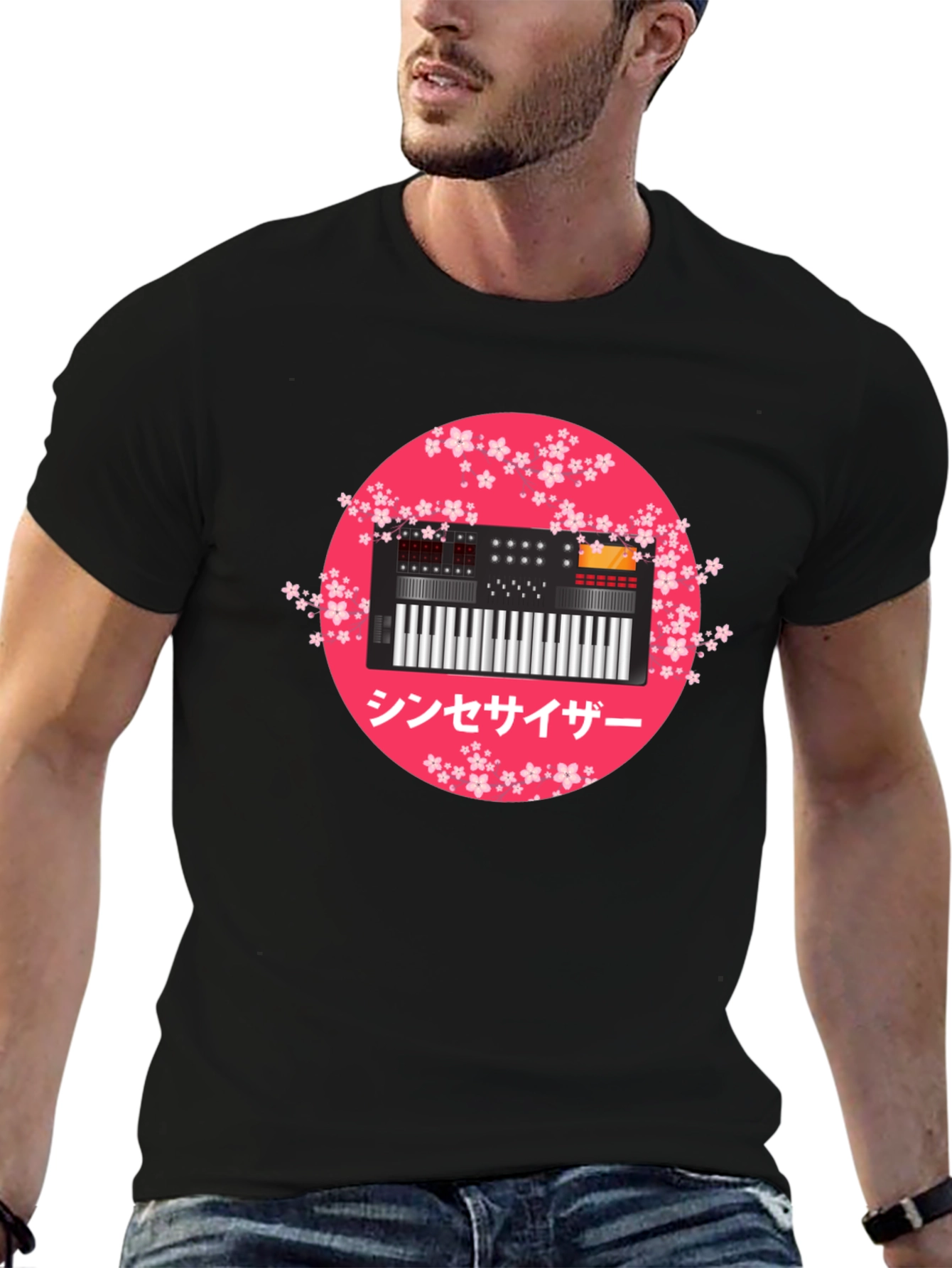Black Synthesizer Sakura Graphic Tee view 6
