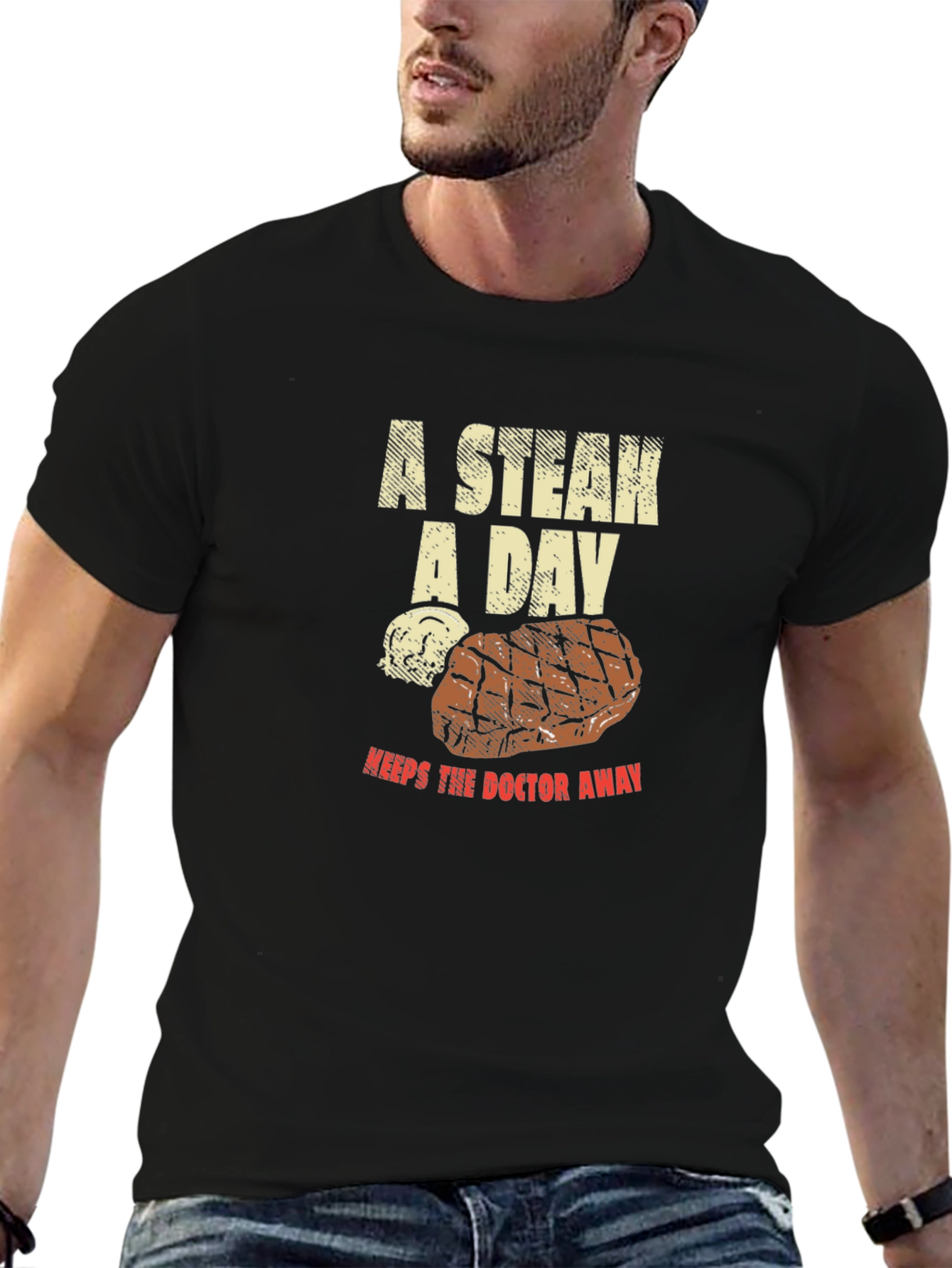Black Funny Steak Lover T-Shirt - A Steak A Day Graphic Tee view 6
