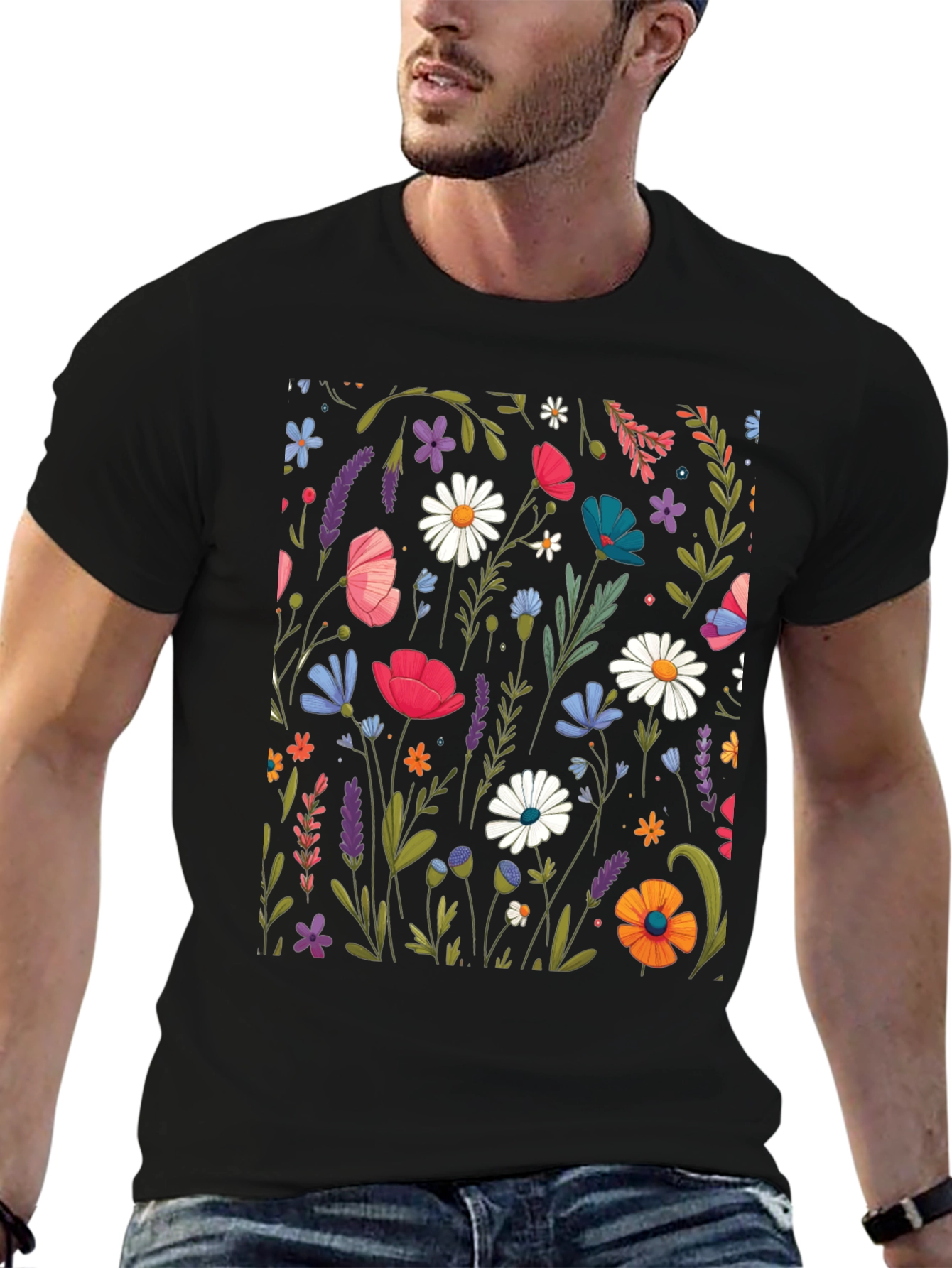 Black Floral Print Black T-Shirt view 6