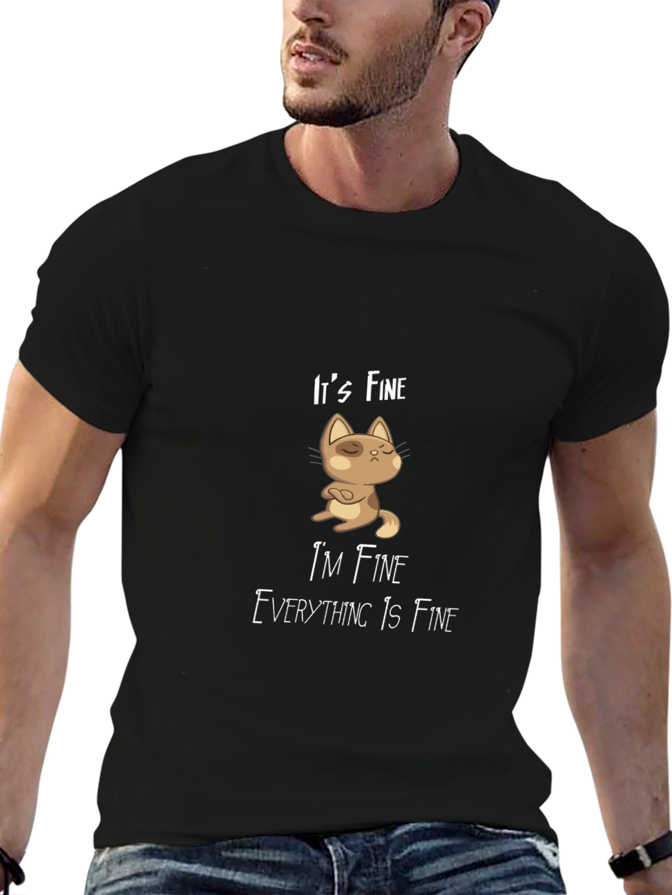 Black It's Fine Cat Graphic T-Shirt - Black Casual Tee view 6