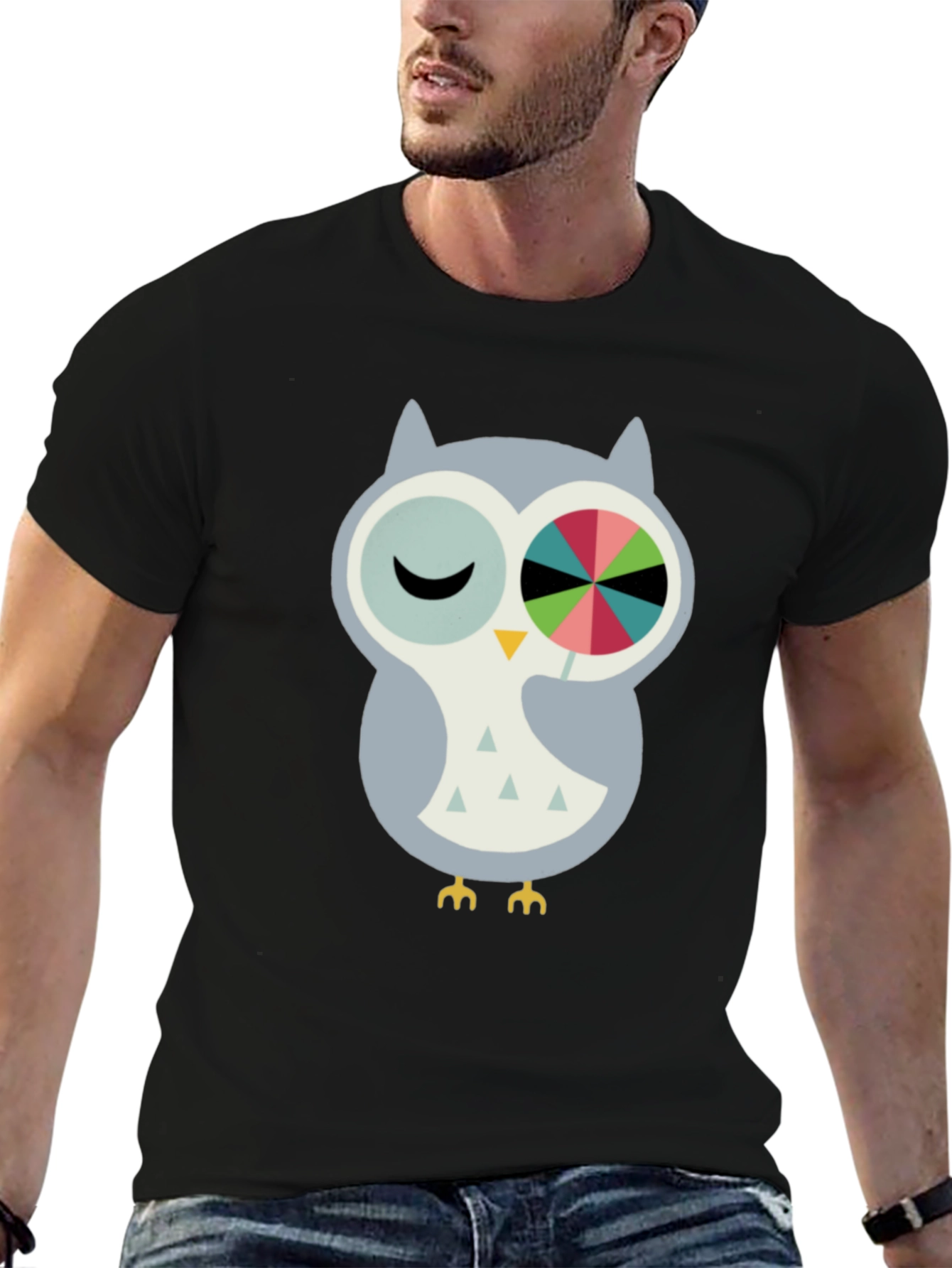 Black Whimsical Owl Graphic Tee - Cotton Blend Comfort view 6