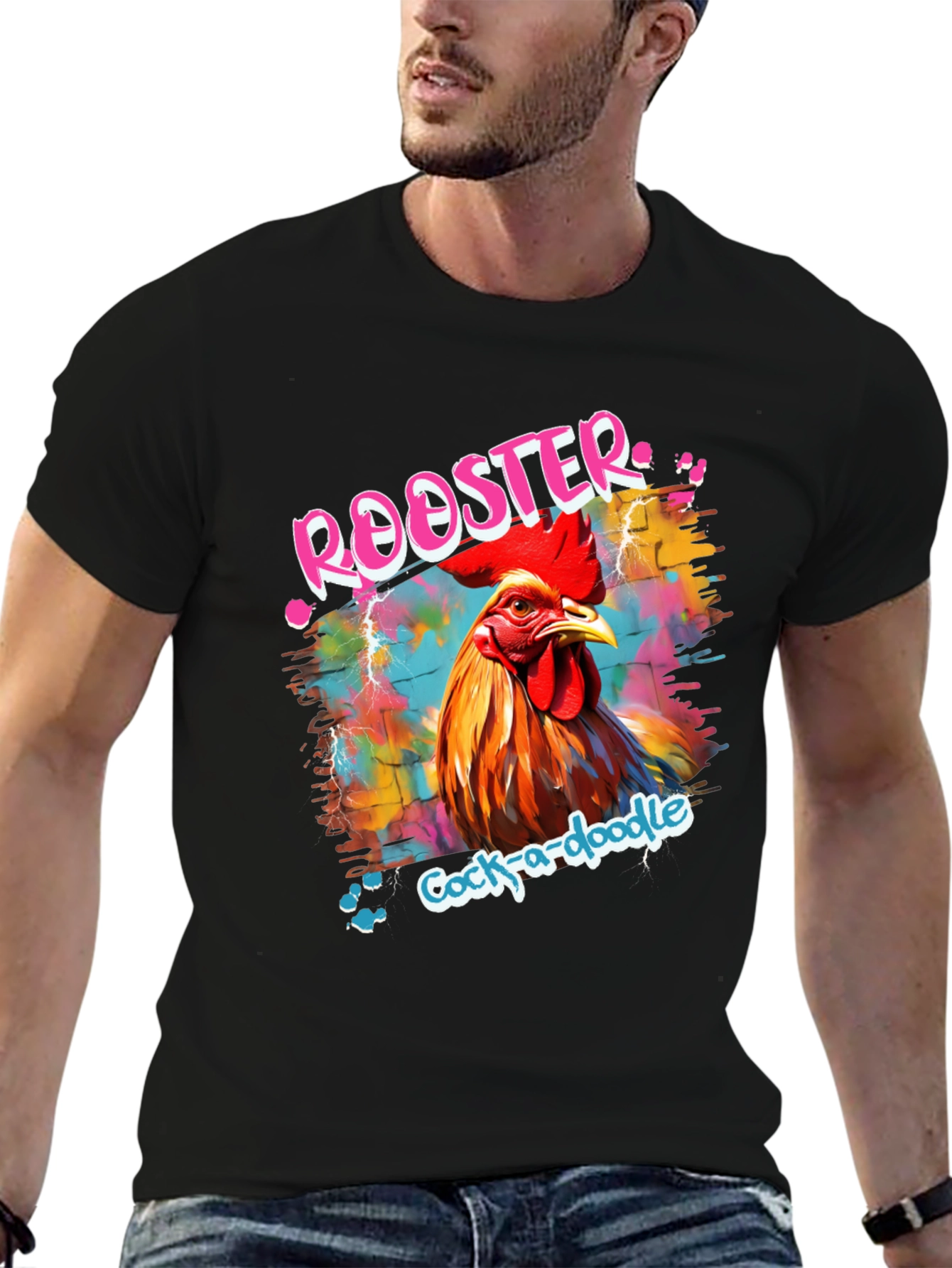 Black Rooster Graphic Tee - Men's Colorful Cock-a-doodle Shirt view 6